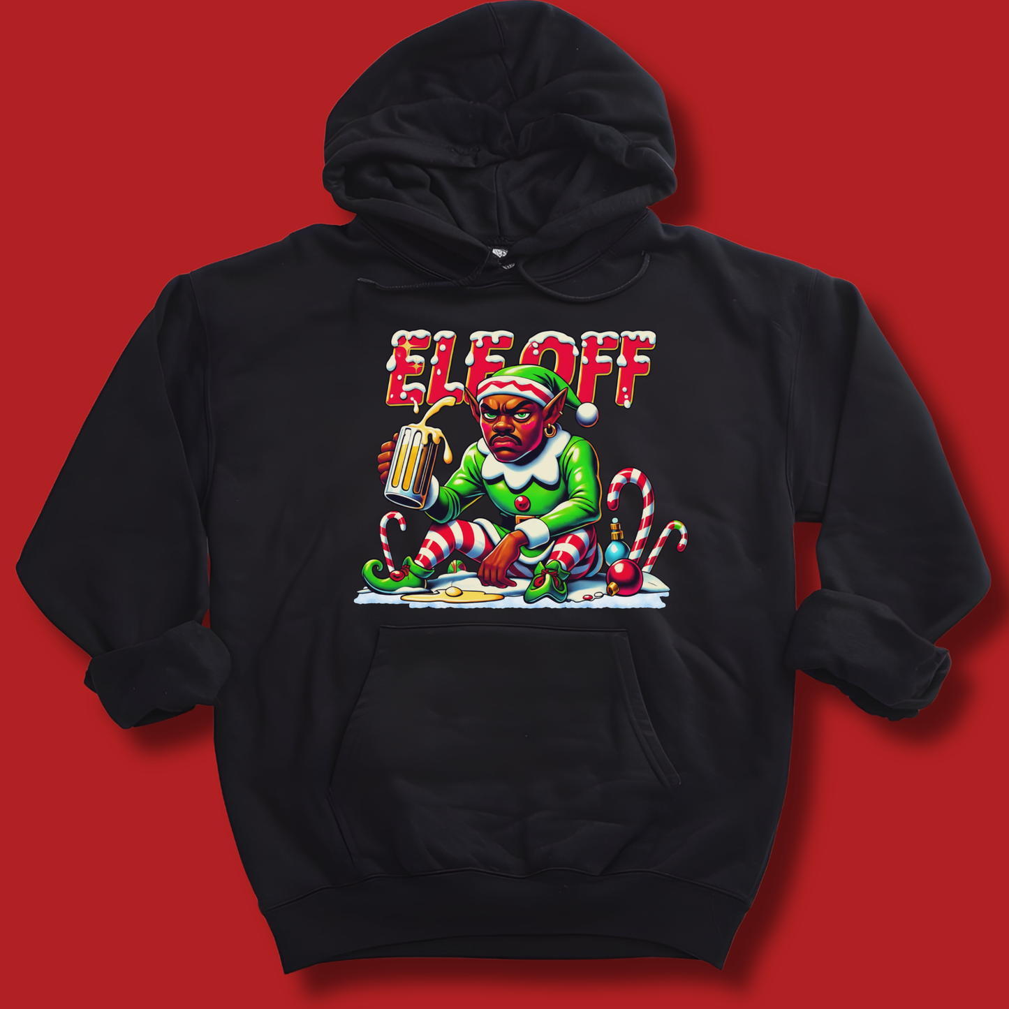 Black hoodie with a colorful graphic of an elf holding a beer mug on a red background