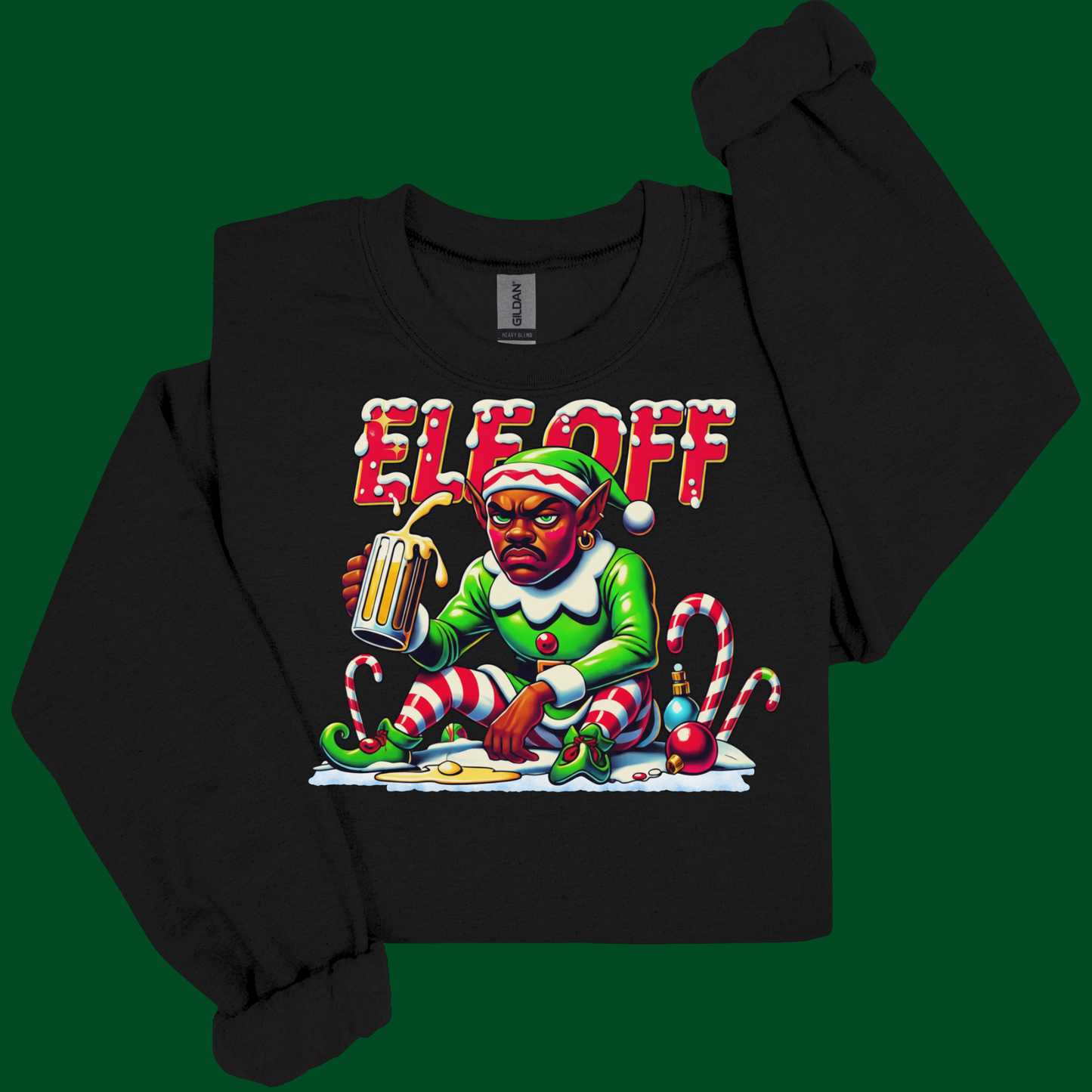 Black sweatshirt with a colorful graphic of an elf holding a beer mug and the text 'ELE OFF'.