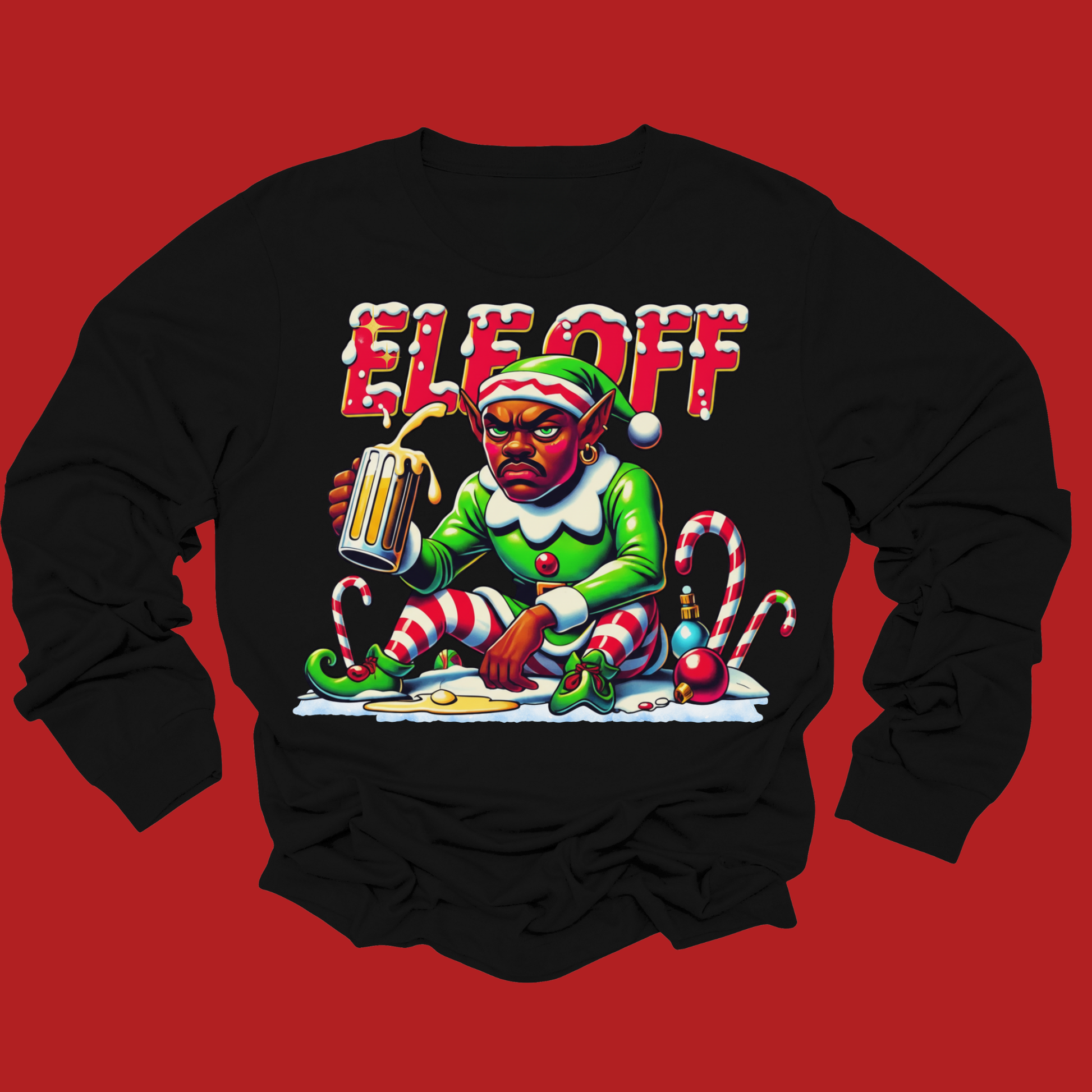 Black sweatshirt with an elf graphic and 'ELE OFF' text on a red background