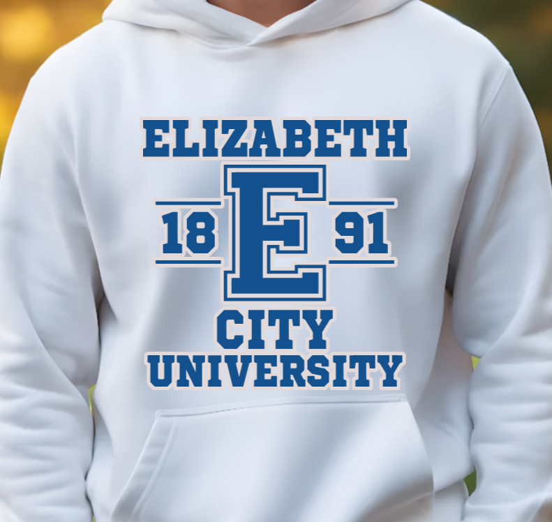 A white pullover hoodie with a blue collegiate-style graphic reading 'ELIZABETH 18 E 91 CITY UNIVERSITY' on the front, shown on a cropped torso view.