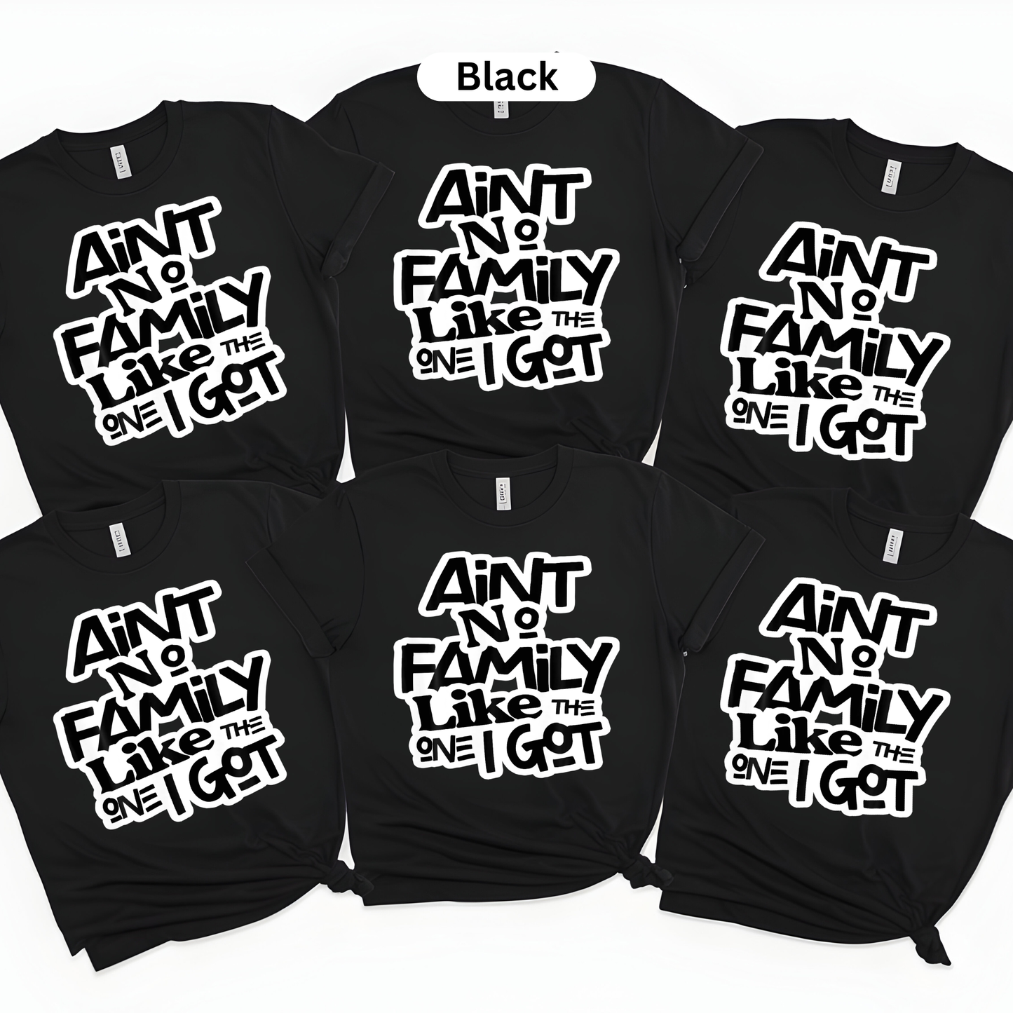 Black t-shirts with white text on a white background
