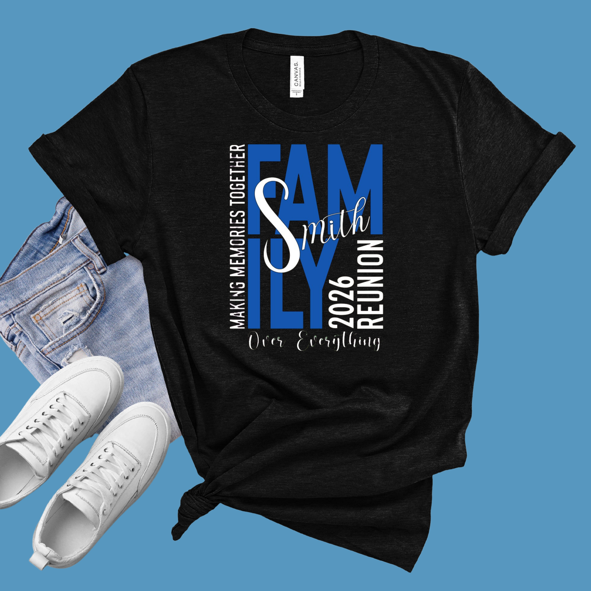 Black t-shirt with 'Family Reunion' design, white sneakers, and denim jeans on a blue background