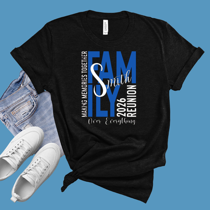 Black t-shirt with 'Family Reunion' design, white sneakers, and denim jeans on a blue background