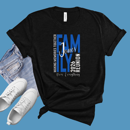 Black t-shirt with family reunion text, white sneakers, and denim jeans on a blue background
