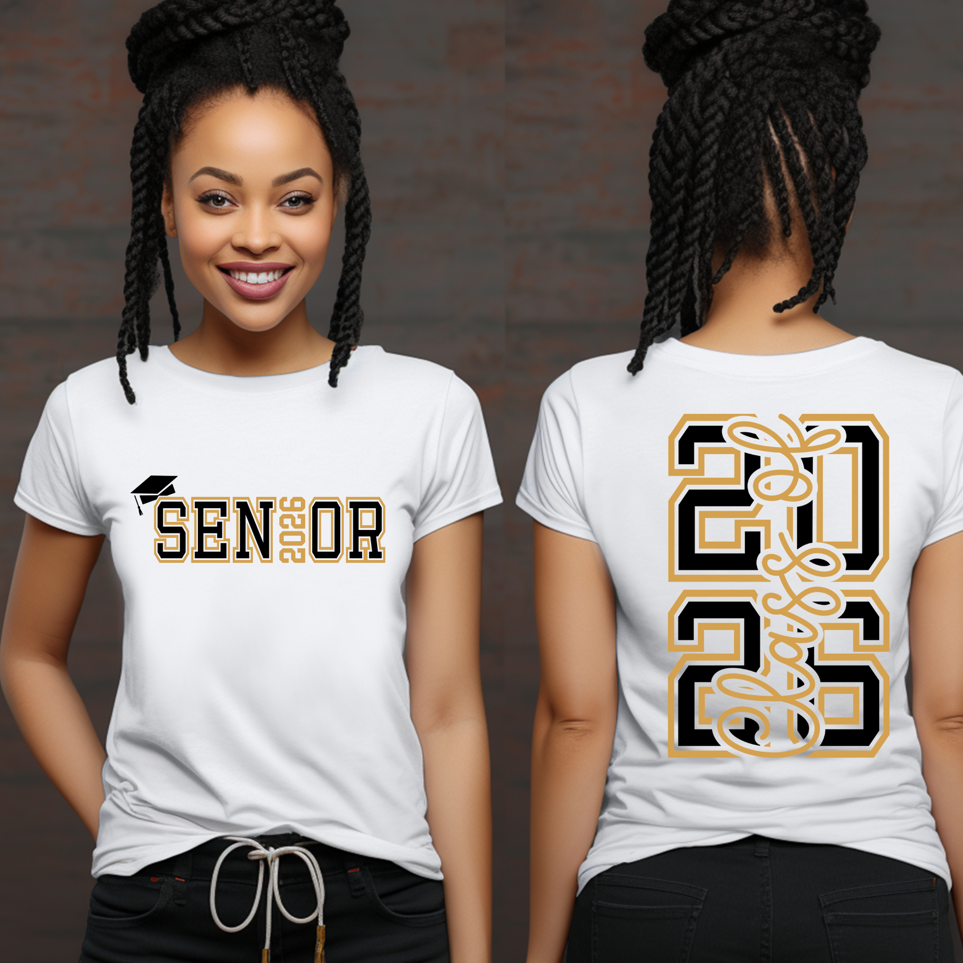 White t-shirt with 'Senior 2023' text on front and back worn by a person.
