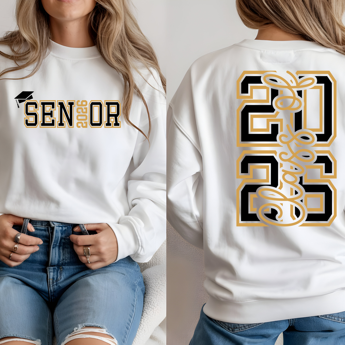 White sweatshirt with 'Senior 2026' text on front and back, worn by a person.