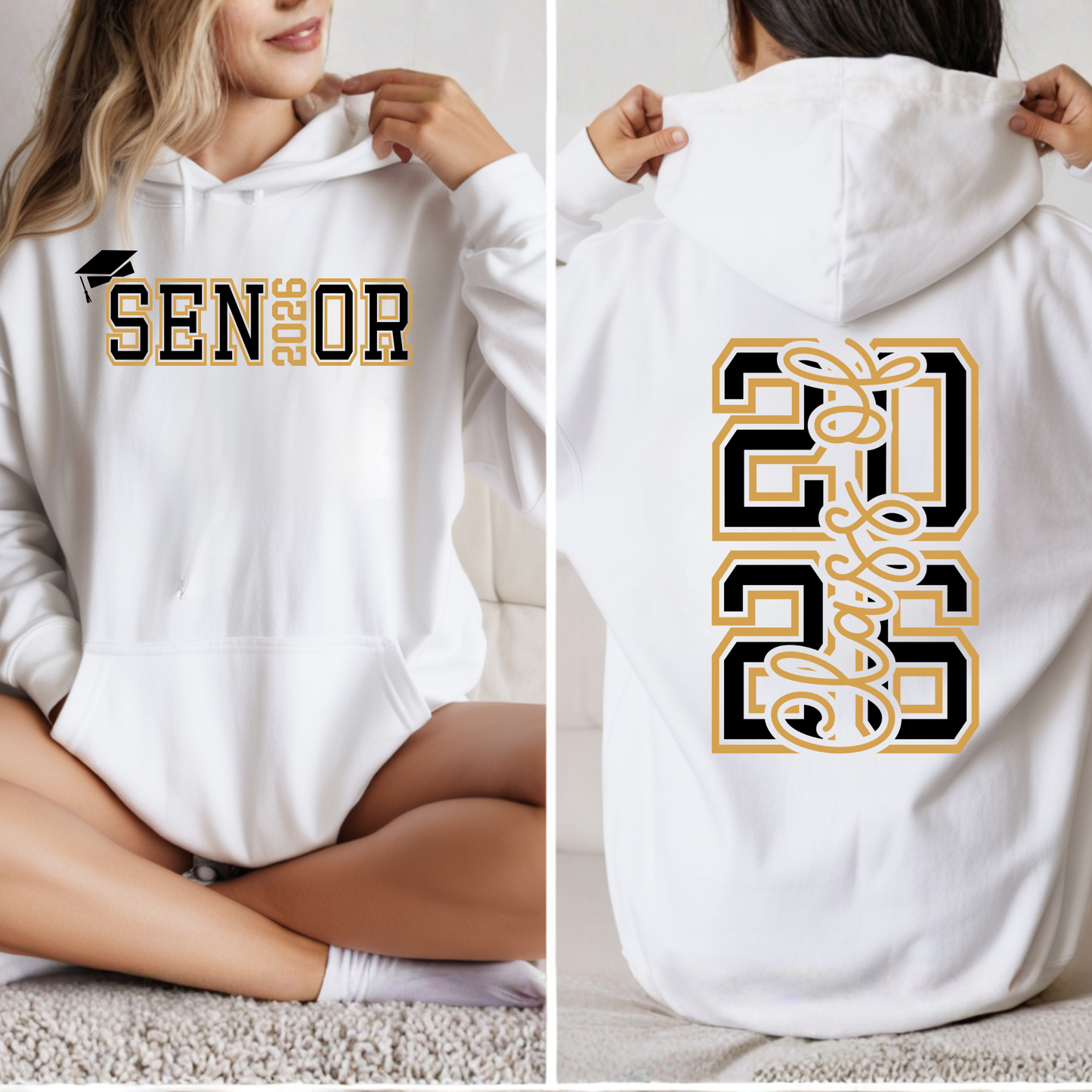 White hoodie with 'Senior 2023' text on front and back, worn by a person.