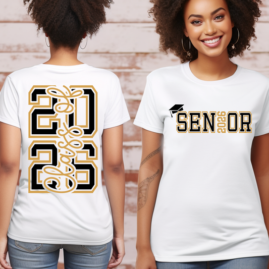 Two people wearing white t-shirts with '2023' and 'Senior' printed on them, one facing forward and one facing backward.