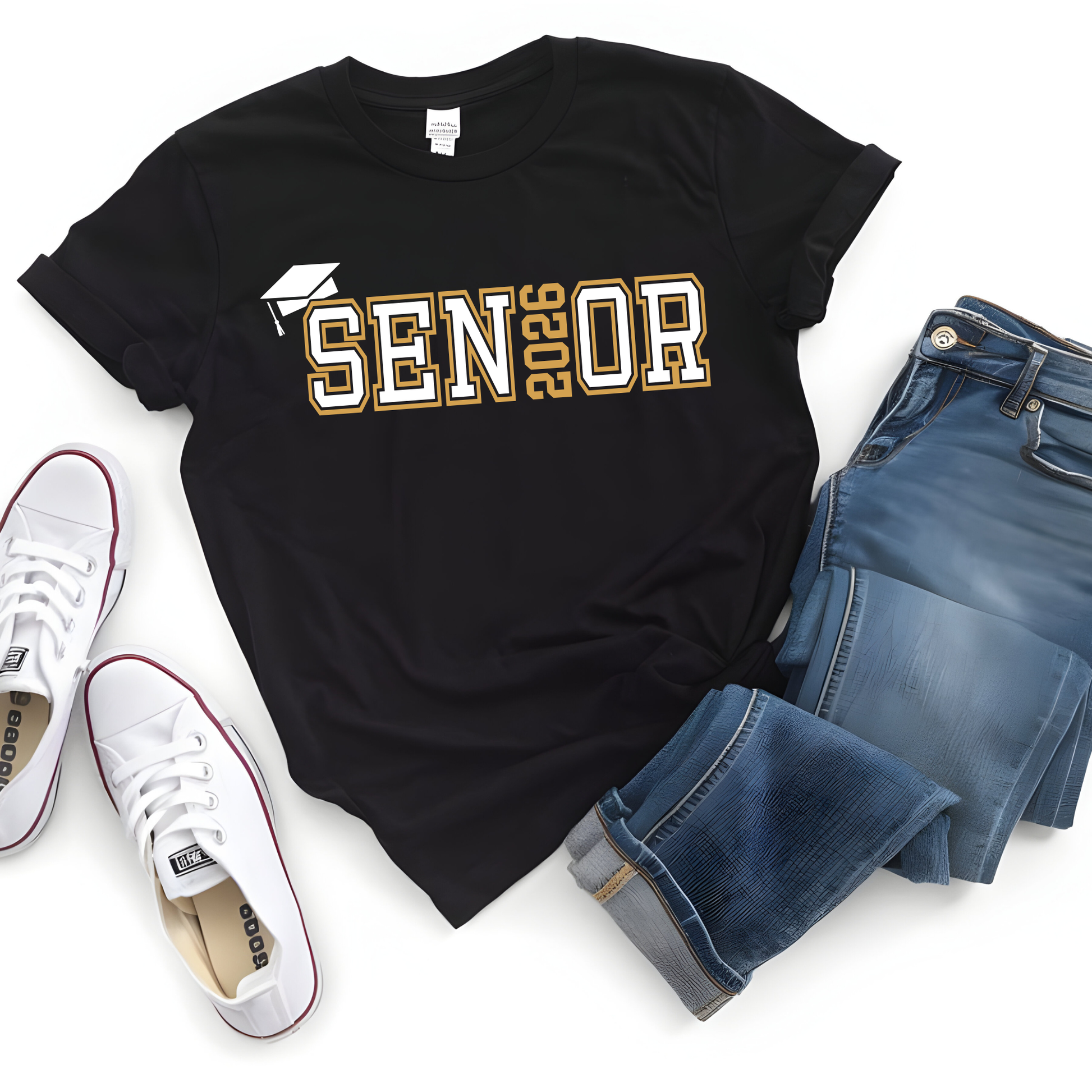 Black t-shirt with 'Senior 2023' text, white sneakers, and blue jeans on a white background