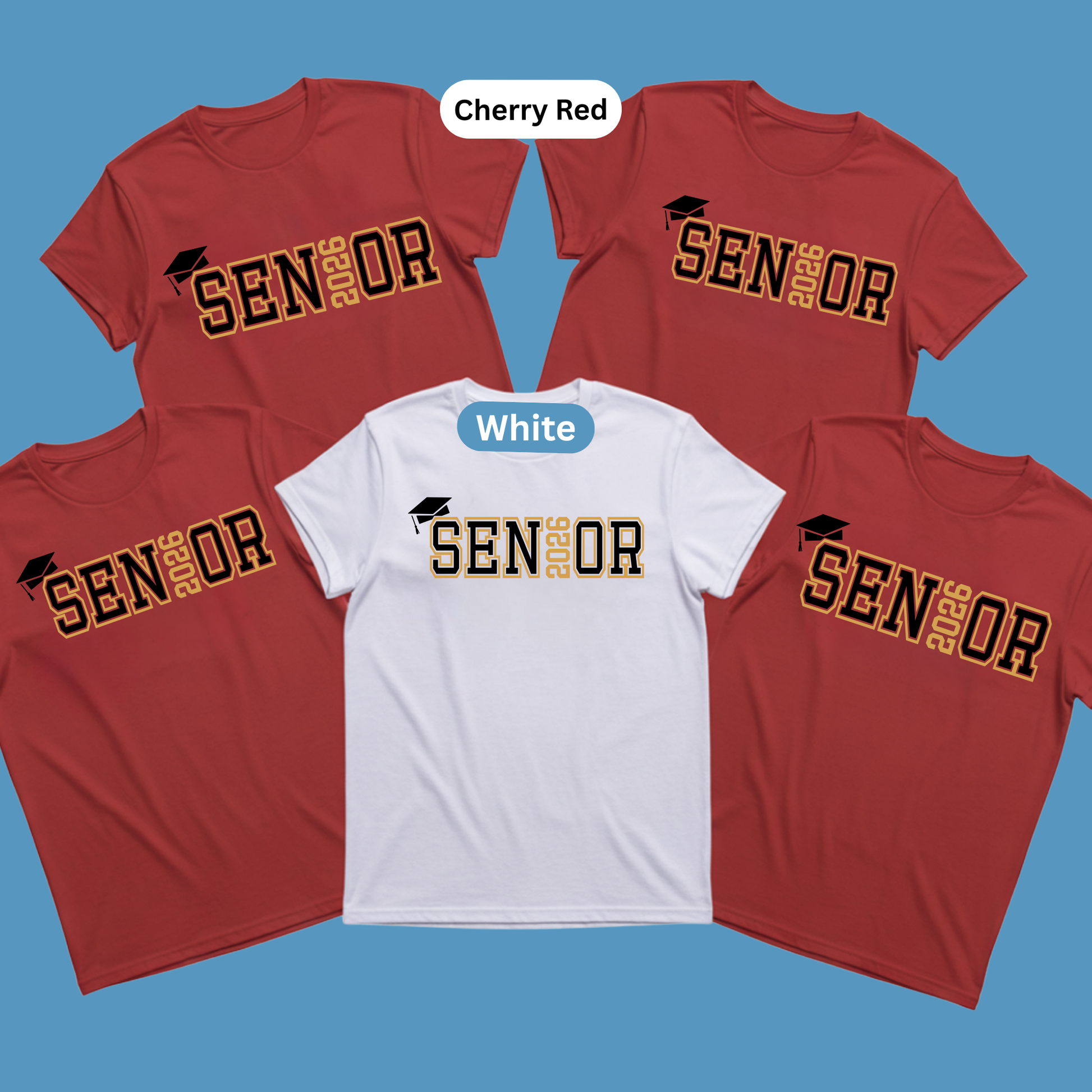 Four graduation-themed t-shirts in cherry red and white on a blue background.