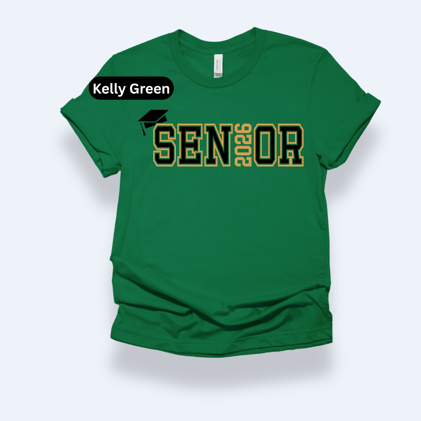 Green t-shirt with 'Senior 2023' text on a white background