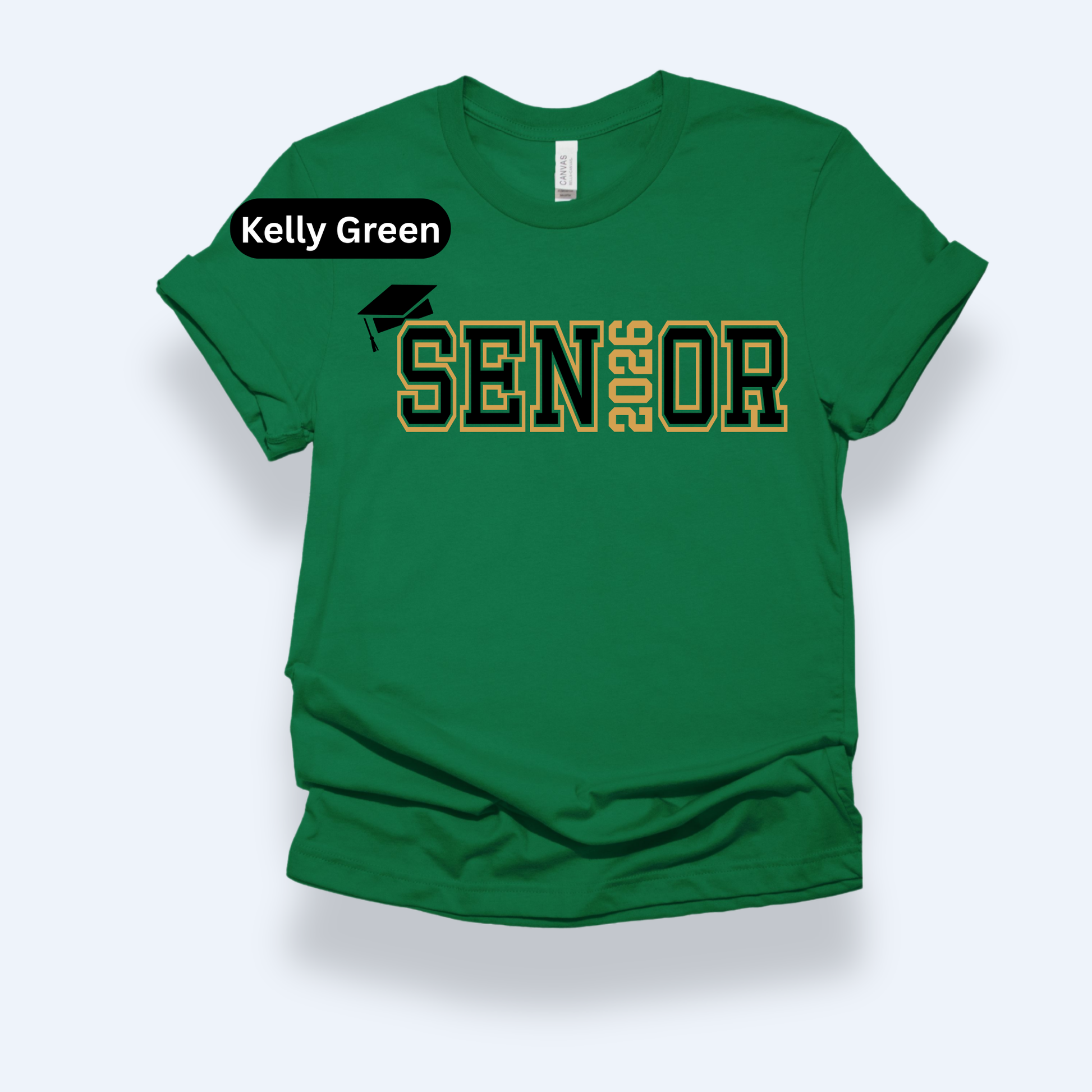 Green t-shirt with 'Senior 2023' text on a white background