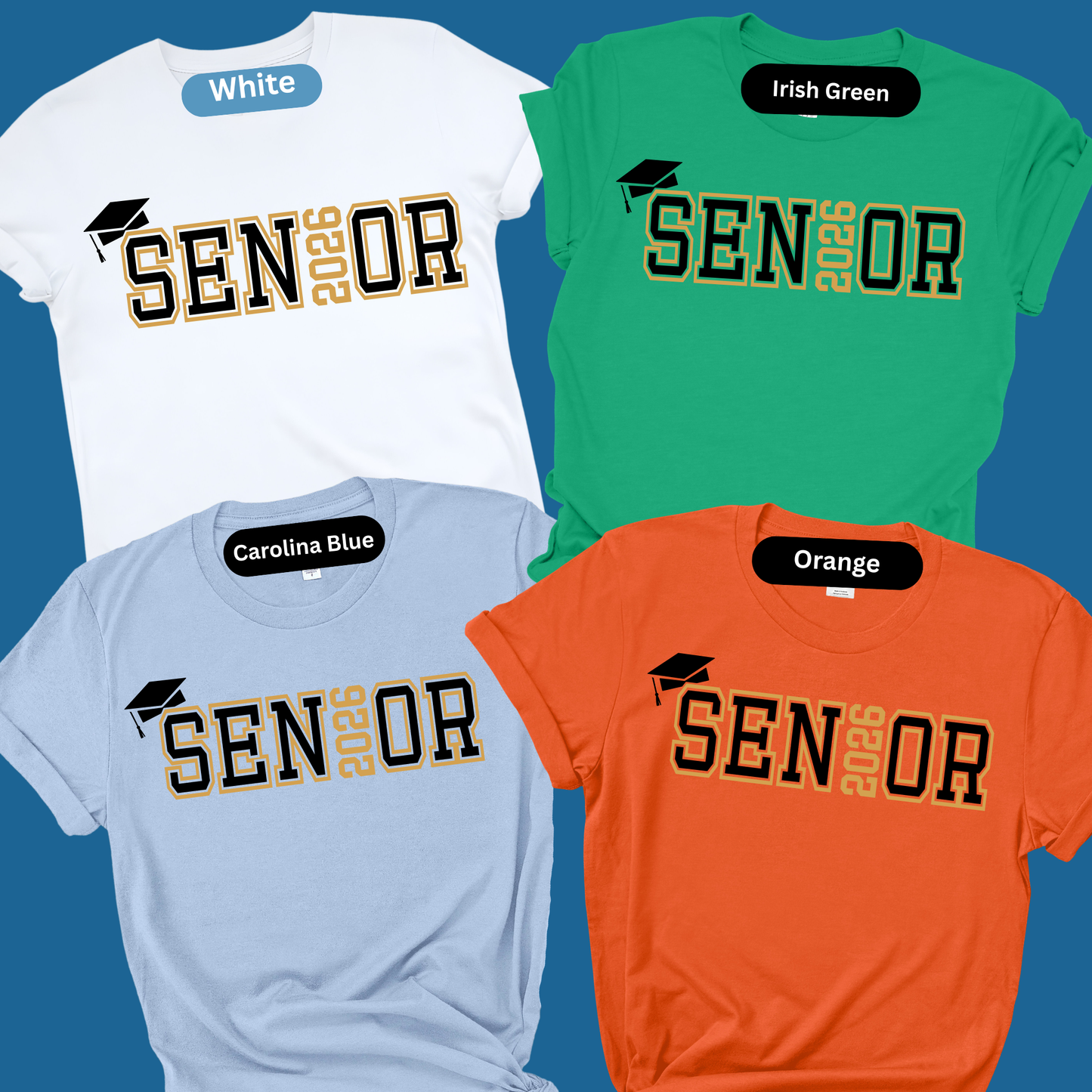 Four senior 2023 t-shirts in white, green, blue, and orange on a blue background.