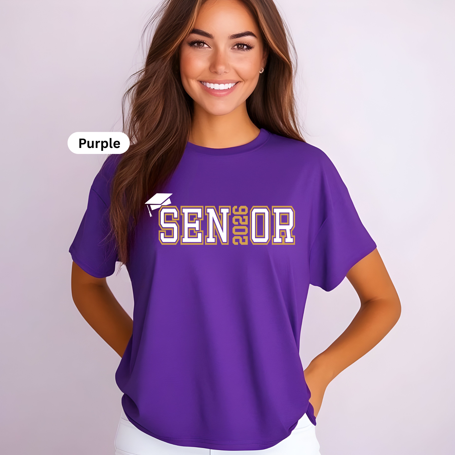Person wearing a purple 'Senior 2026' t-shirt with a white background