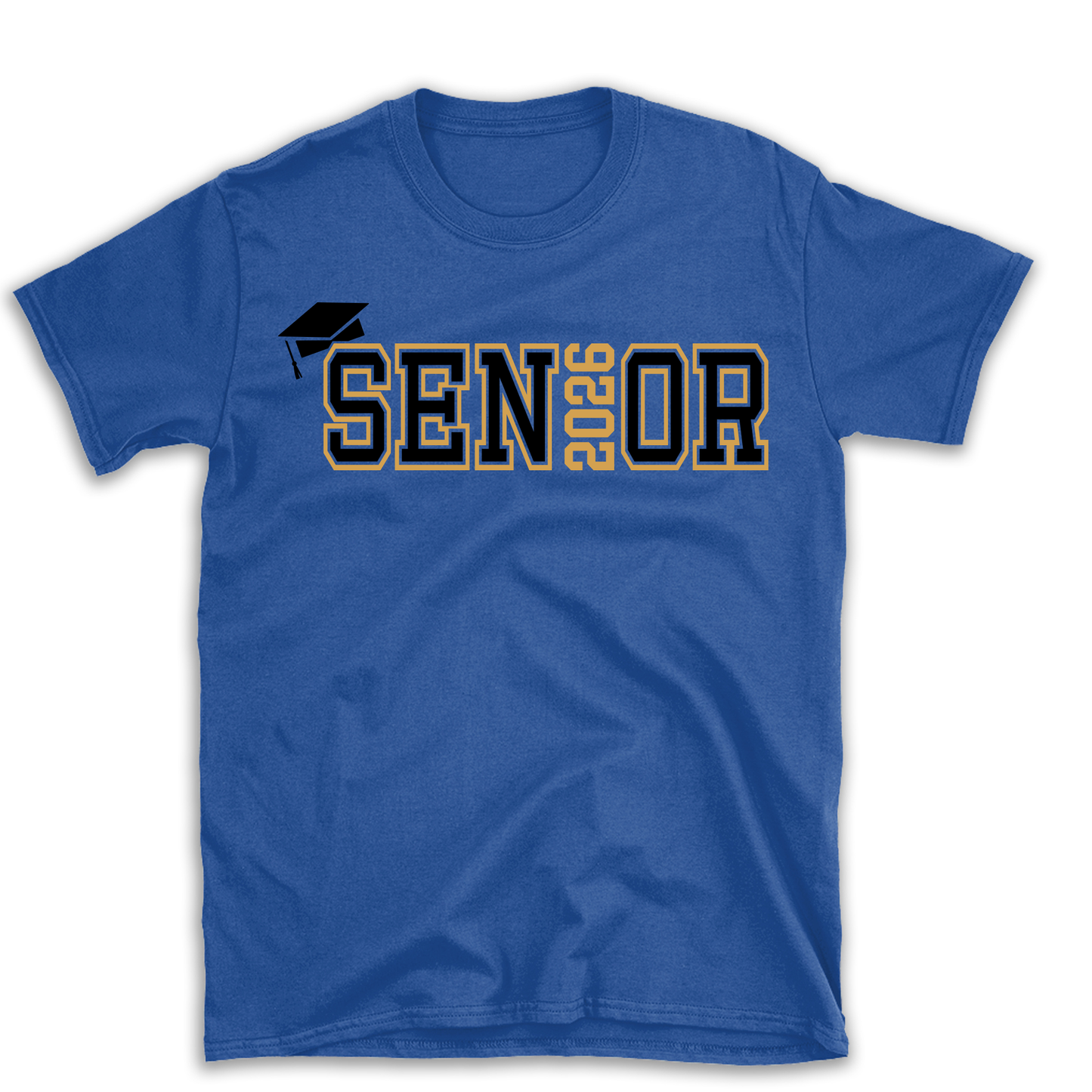 Blue t-shirt with 'Senior 2023' text and graduation cap graphic on a white background
