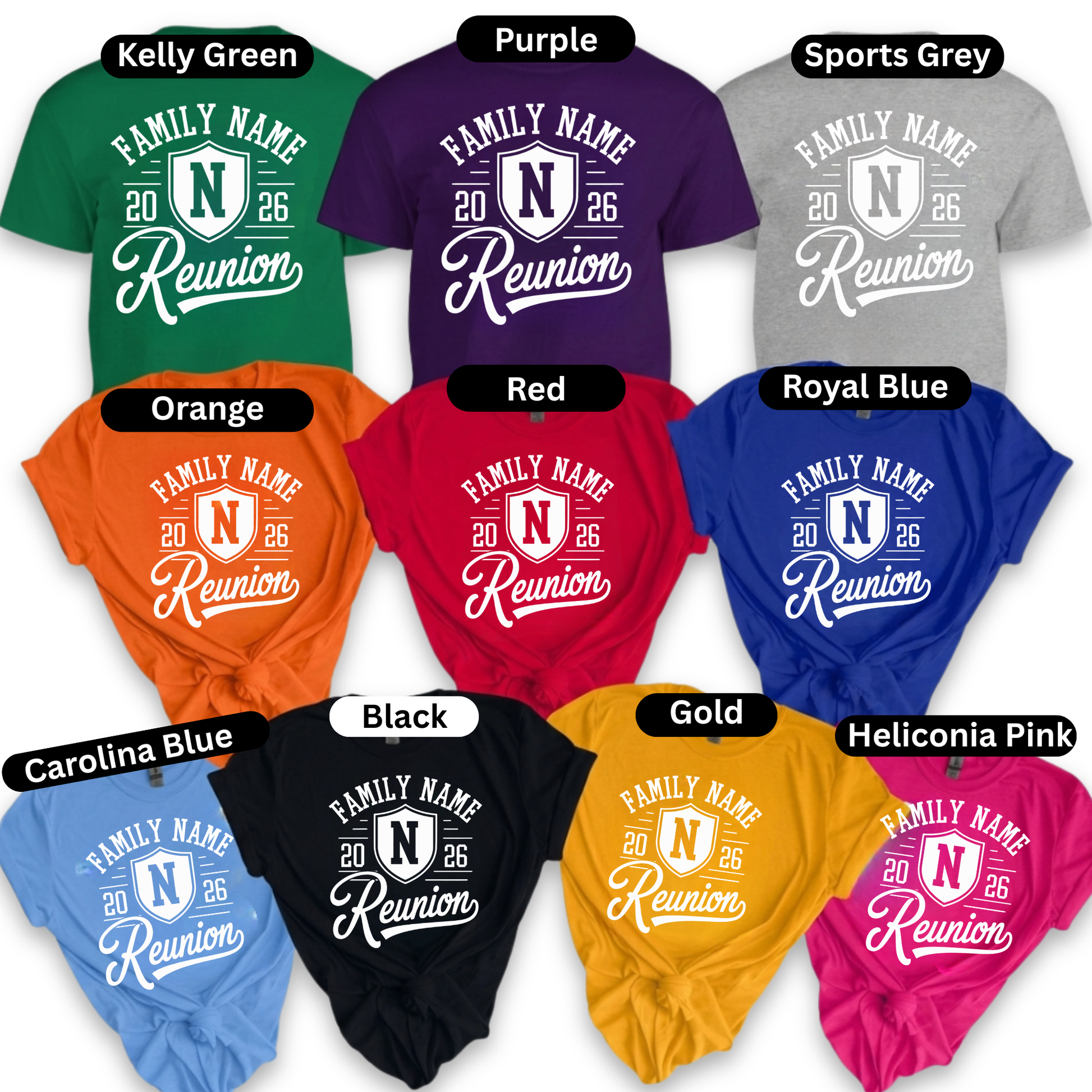 Collection of family reunion t-shirts in various colors with customizable text.