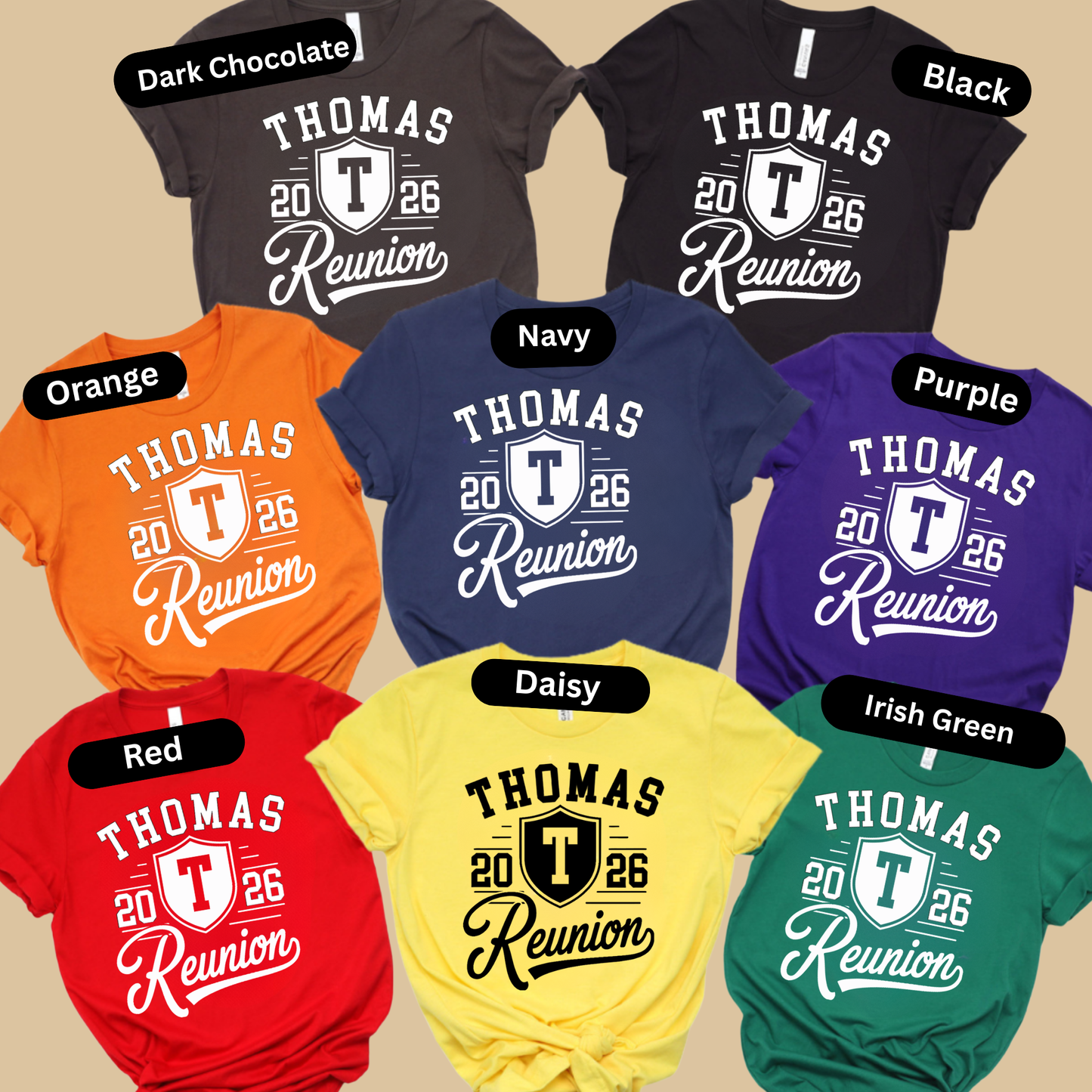 Collection of Thomas 2026 Reunion t-shirts in various colors on a beige background.