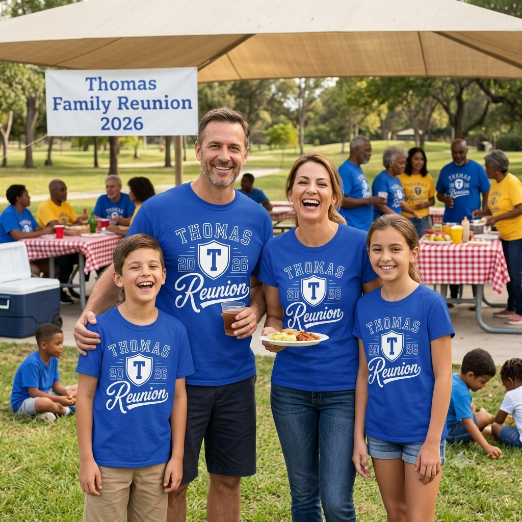 Family reunion with people wearing blue 'Thomas Family Reunion 2026' shirts in a park setting.