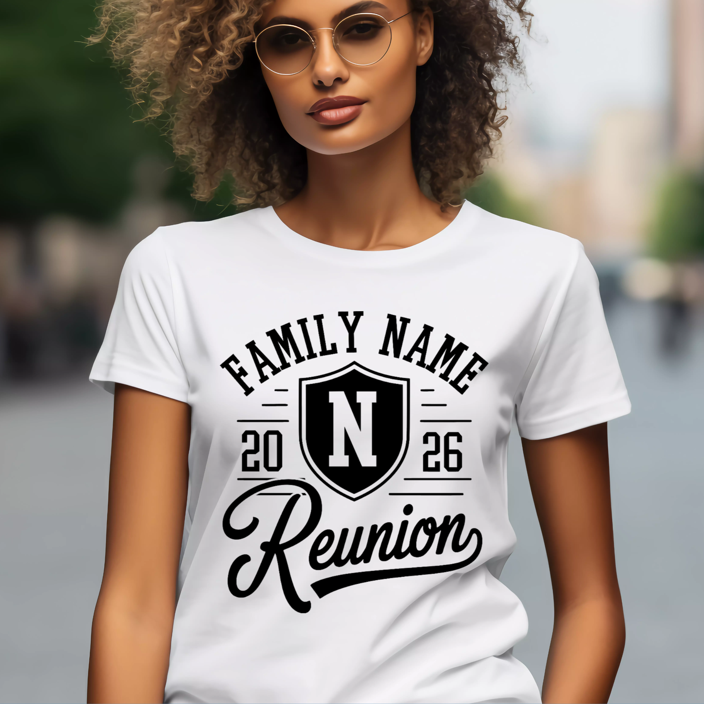 Person wearing a white t-shirt with 'Family Name Reunion 2026' design.