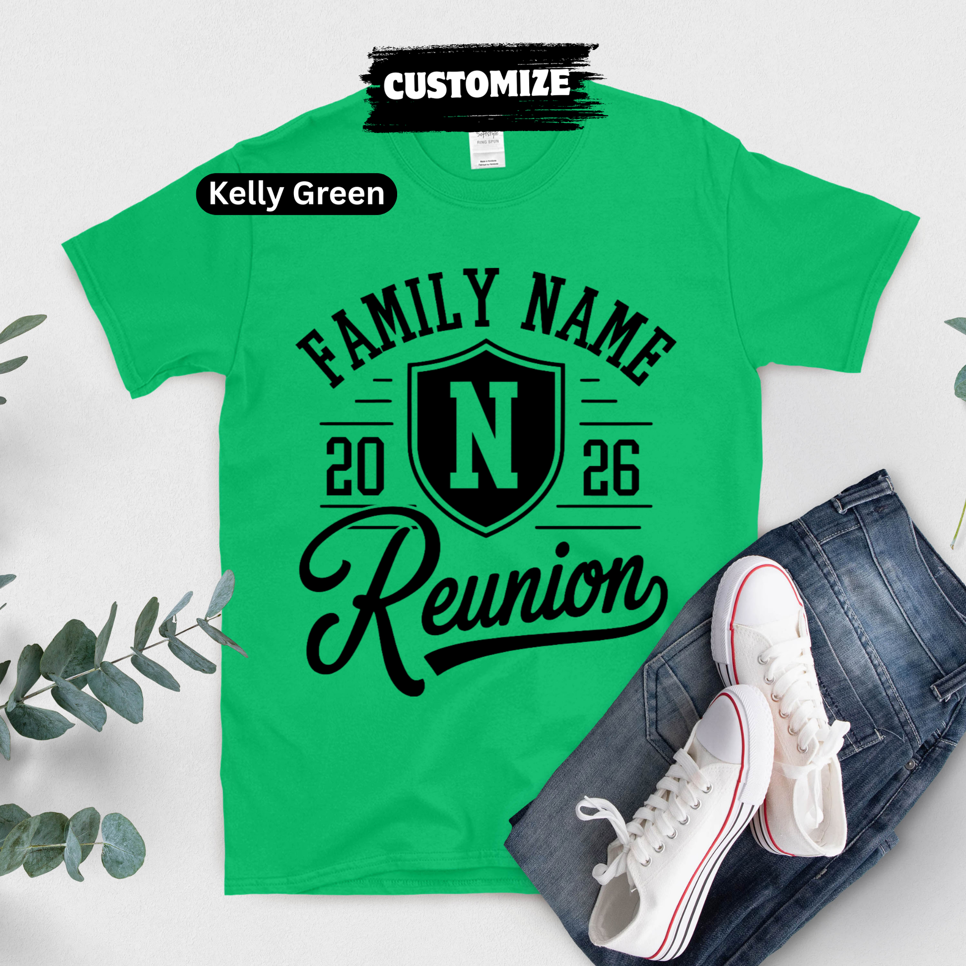 Green t-shirt with 'Family Name Reunion' design on a white background