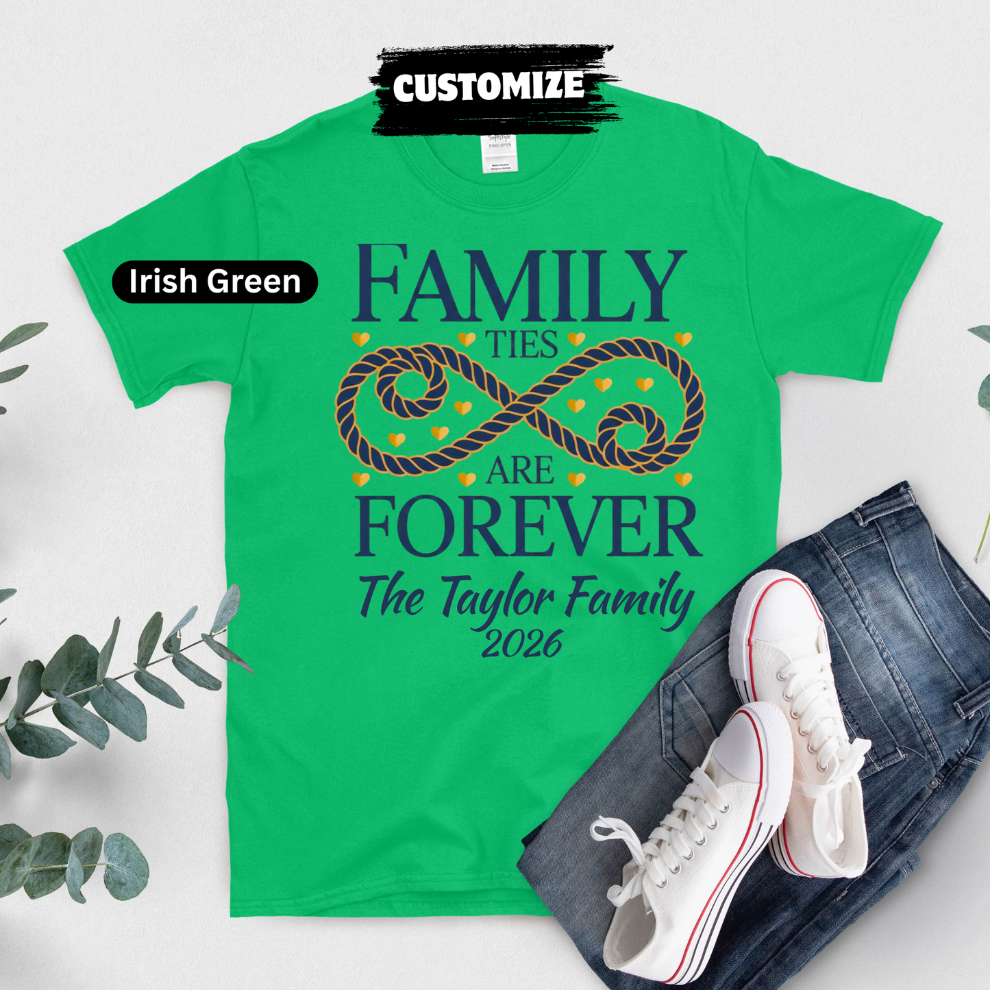 Green t-shirt with 'Family ties are forever' design and customization options on a light gray background.