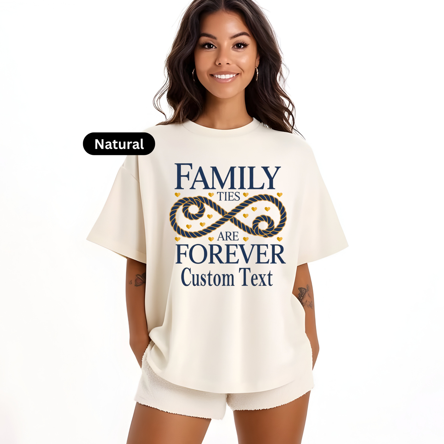 Woman wearing a white t-shirt with 'Family ties are forever Custom Text' design on a white background
