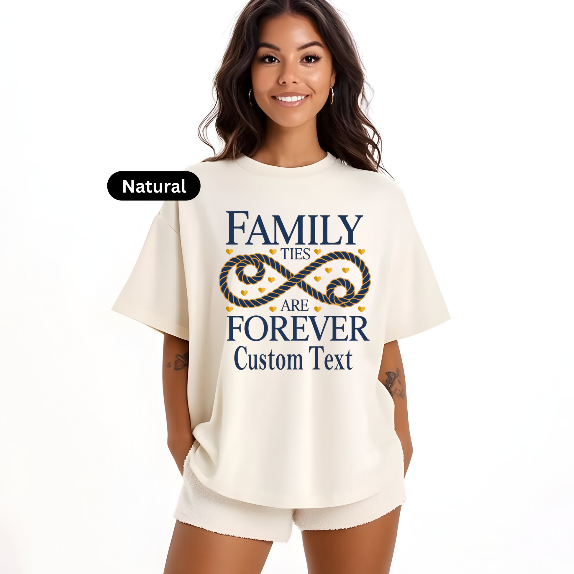 Woman wearing a white t-shirt with 'Family ties are forever Custom Text' design on a white background