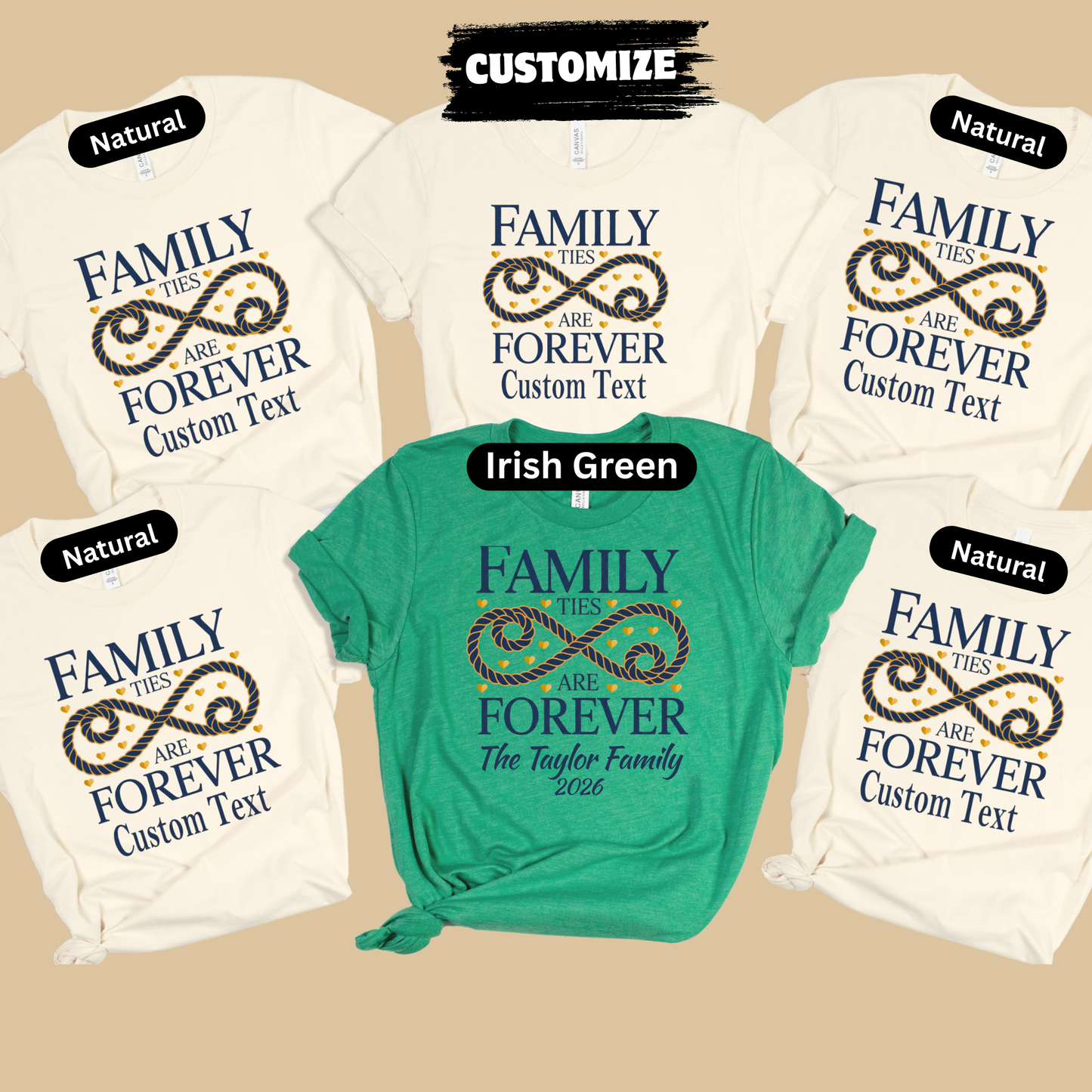 Collection of t-shirts with 'Family ties are forever' design in various colors on a beige background.
