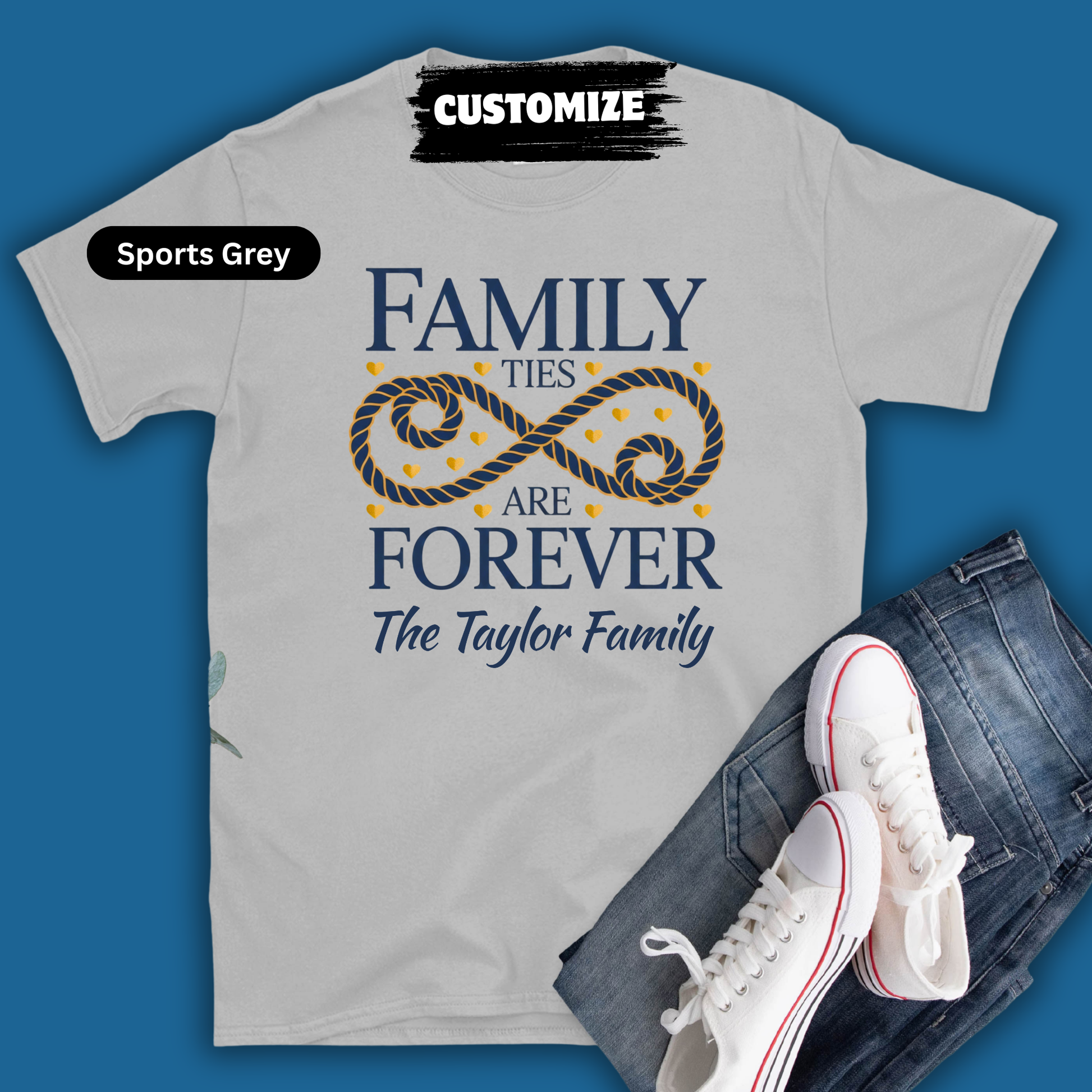 Gray t-shirt with 'Family ties are forever' design and jeans on a blue background