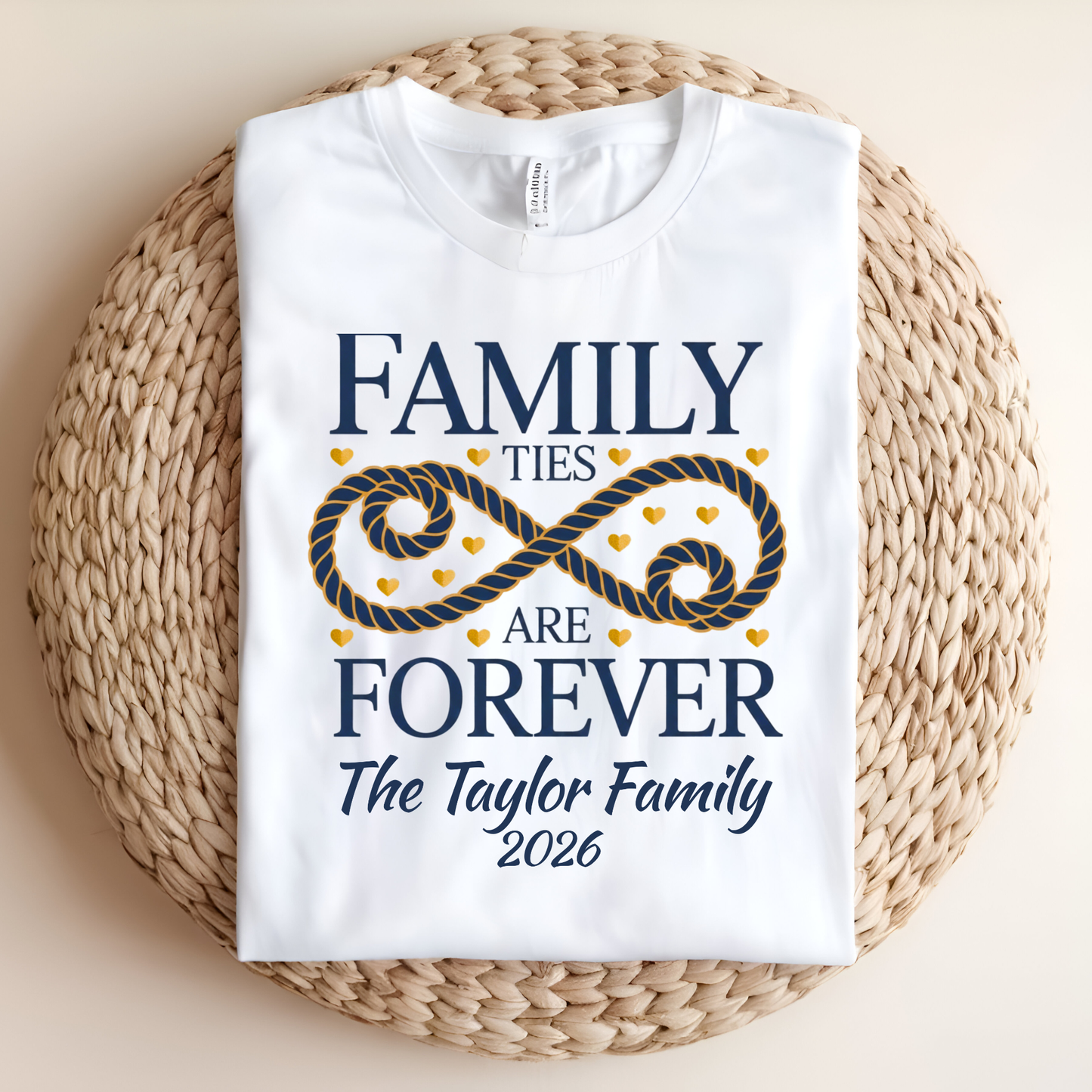 White t-shirt with 'Family Ties are Forever' design on a woven mat