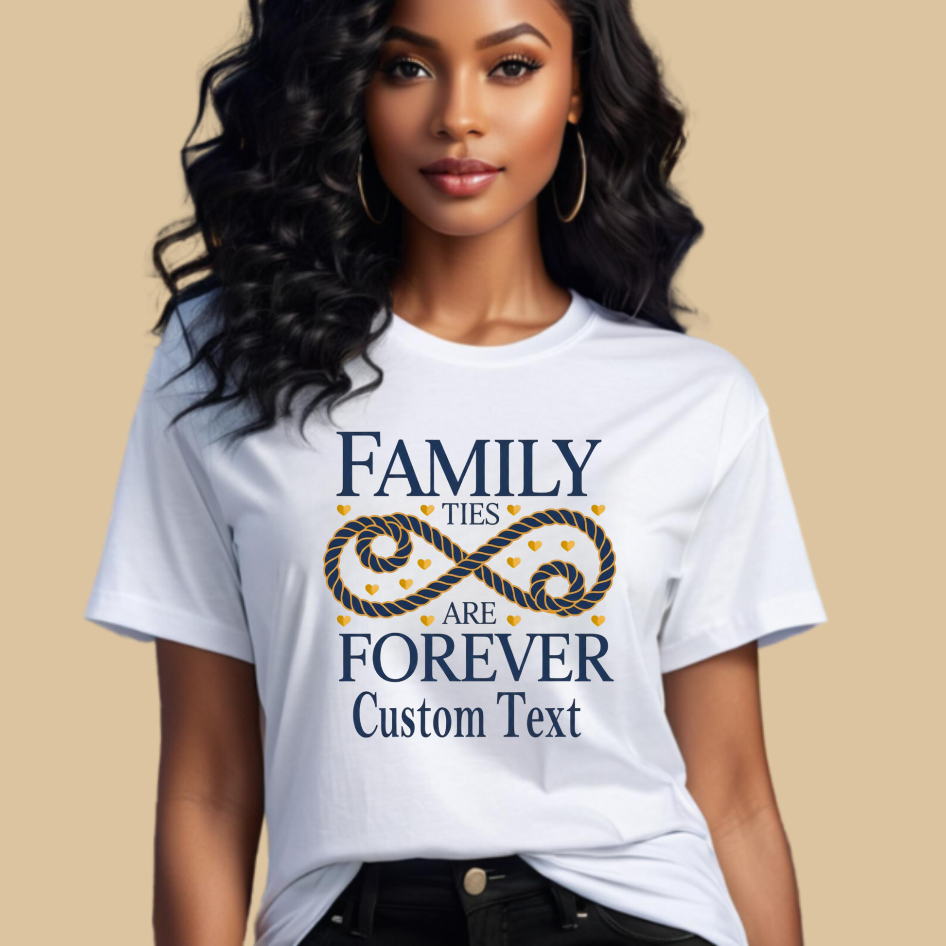 Woman wearing a white t-shirt with text and design on a beige background