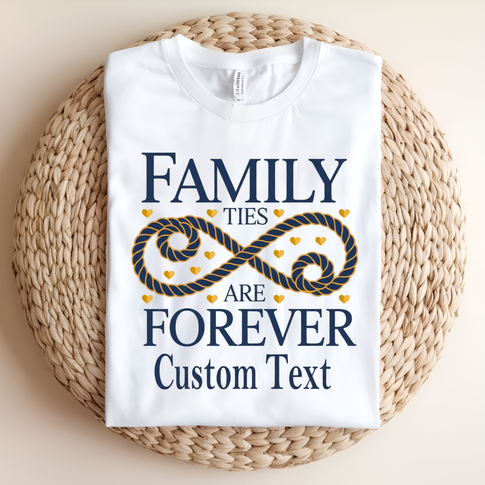 White t-shirt with 'Family ties are forever Custom Text' design on a woven surface