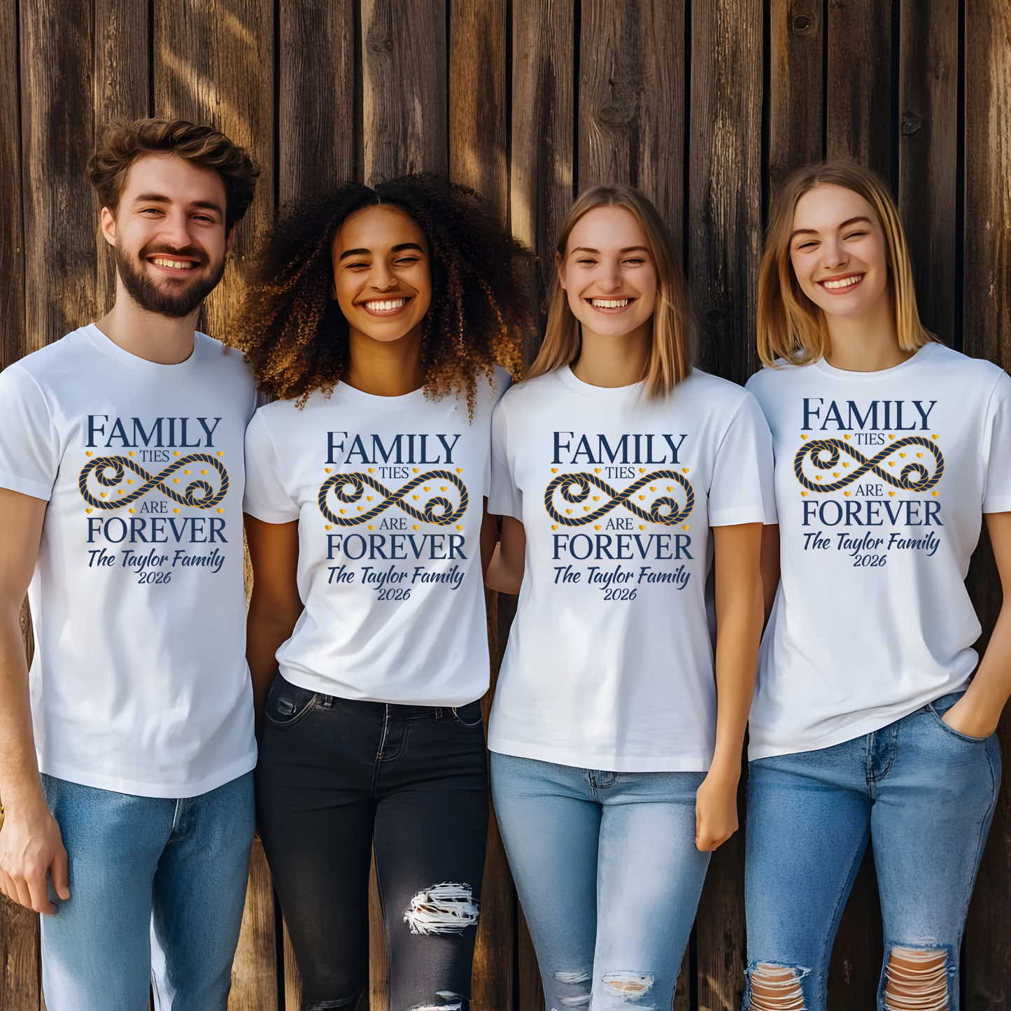 Four people wearing white t-shirts with 'Family ties are forever' design against a wooden background
