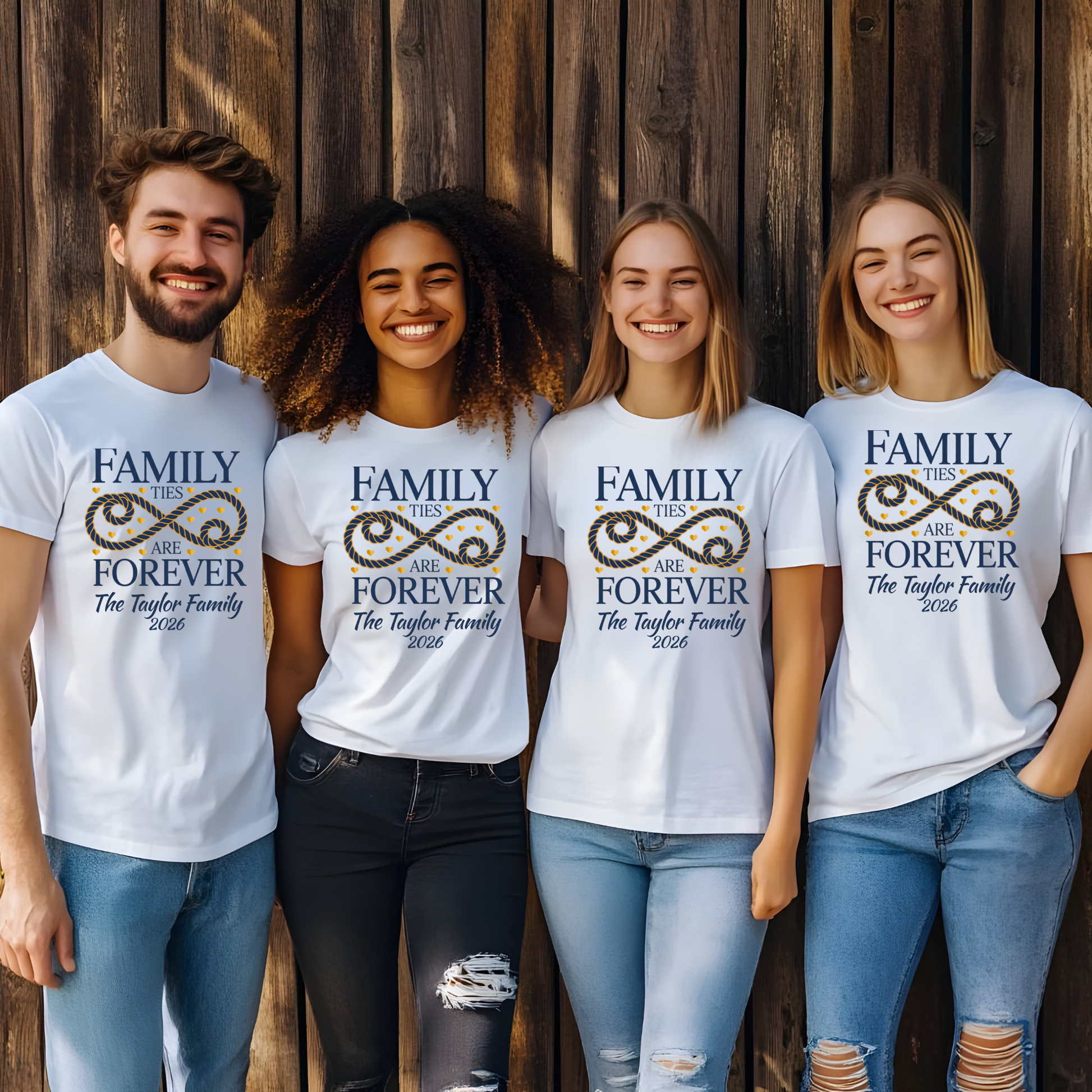 Four people wearing white t-shirts with 'Family ties are forever' design against a wooden background