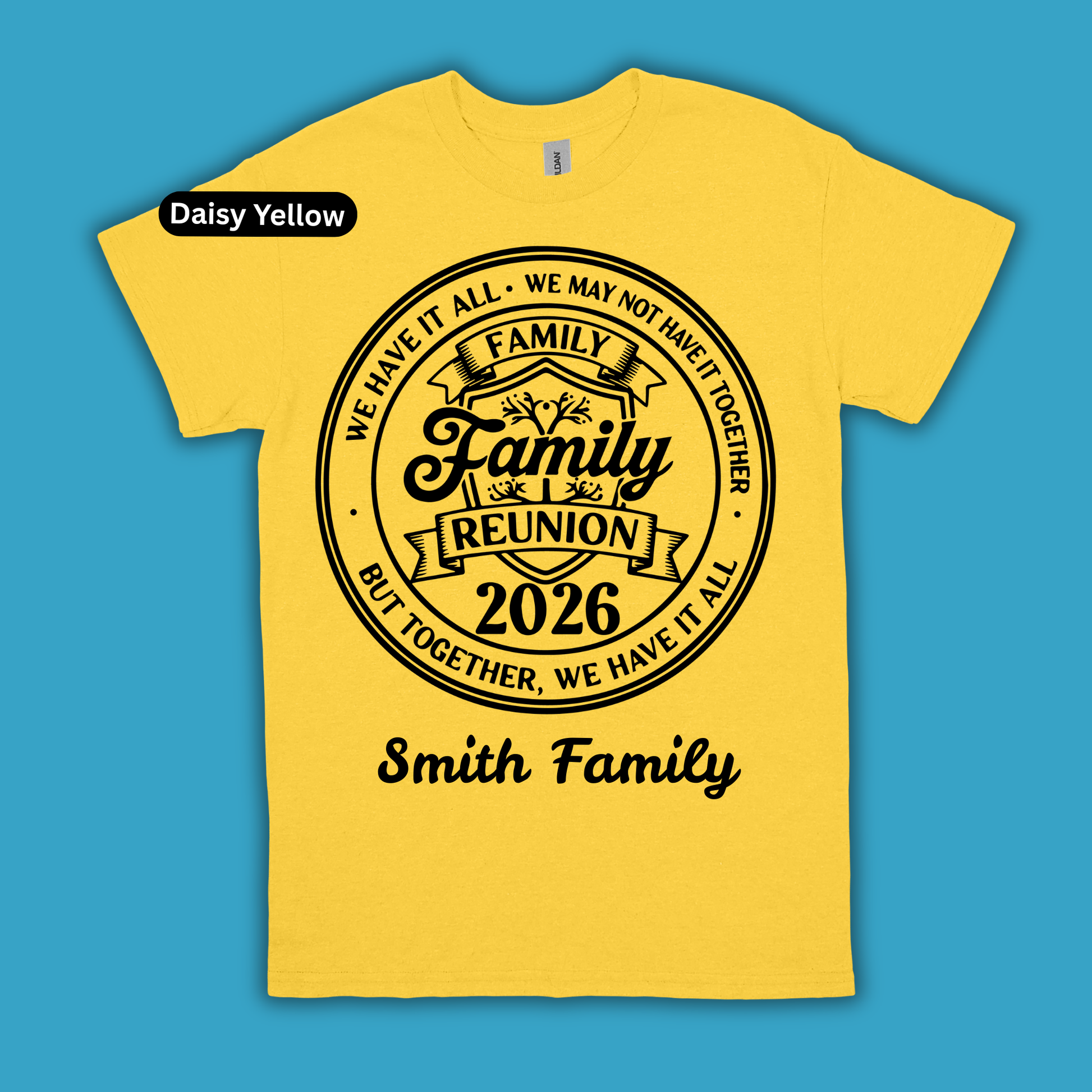 Yellow t-shirt with black text and graphics on a blue background
