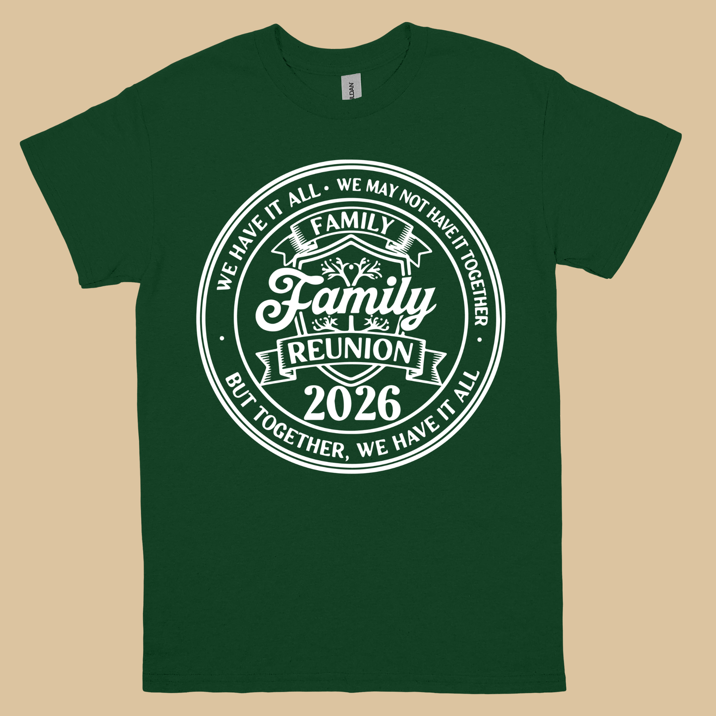 Green t-shirt with 'Family Reunion 2026' text on a beige background