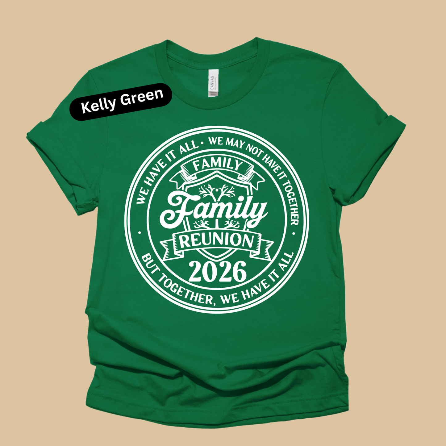 Green t-shirt with 'Family Reunion 2026' design on a beige background