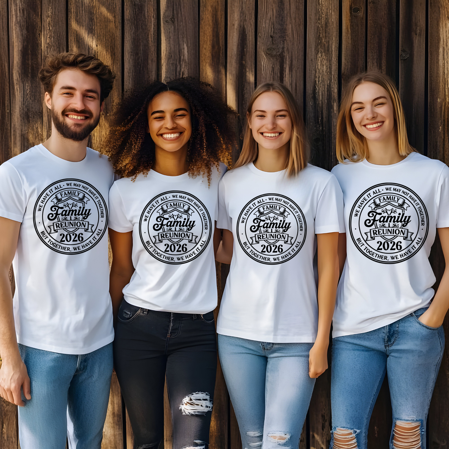 Four people wearing white t-shirts with a family reunion design in front of a wooden wall.