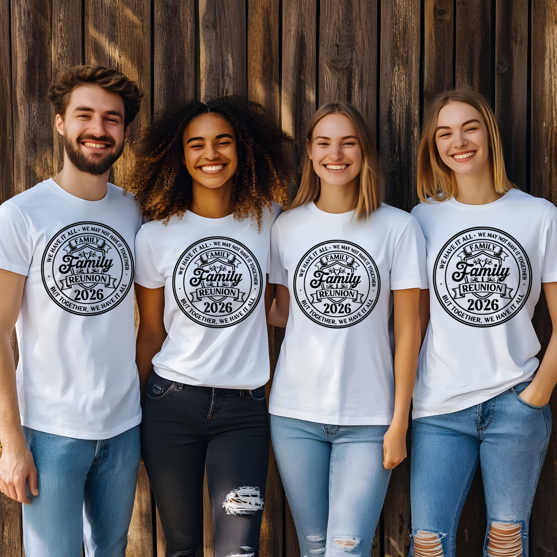 Four people wearing white t-shirts with a family reunion design in front of a wooden wall.