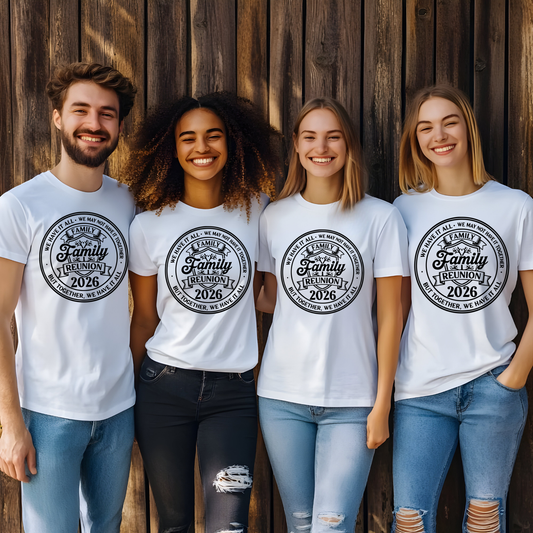 Four people wearing white t-shirts with a family reunion design in front of a wooden wall.