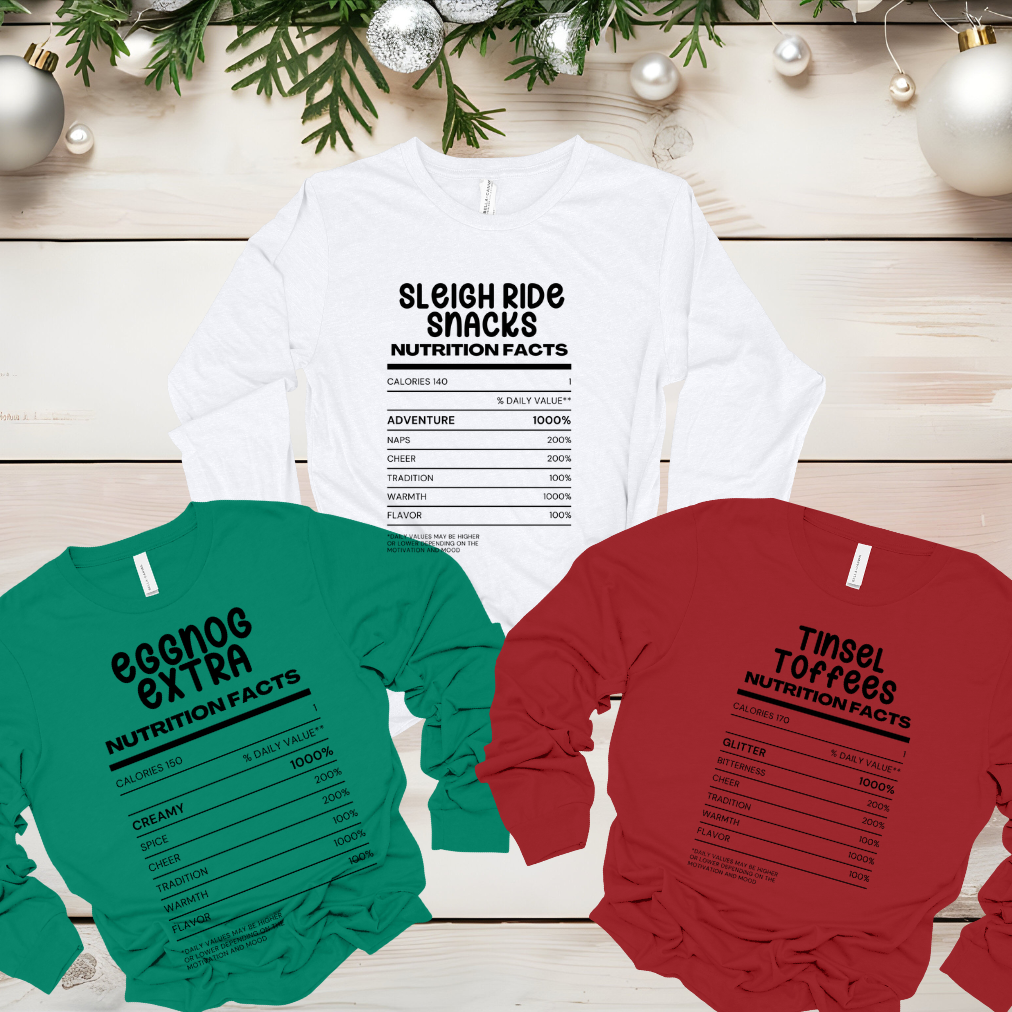 Family Funny Matching Christmas Food Nutritional Facts Green Bella Canva Long Sleeve Tshirt