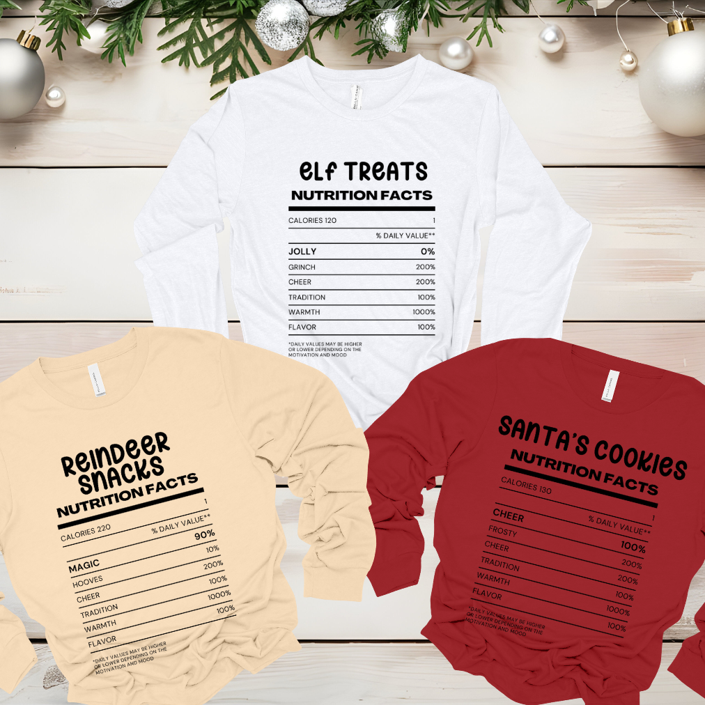 Family Funny Matching Christmas Food Nutritional Facts white Bella Canva Long Sleeve Tshirt