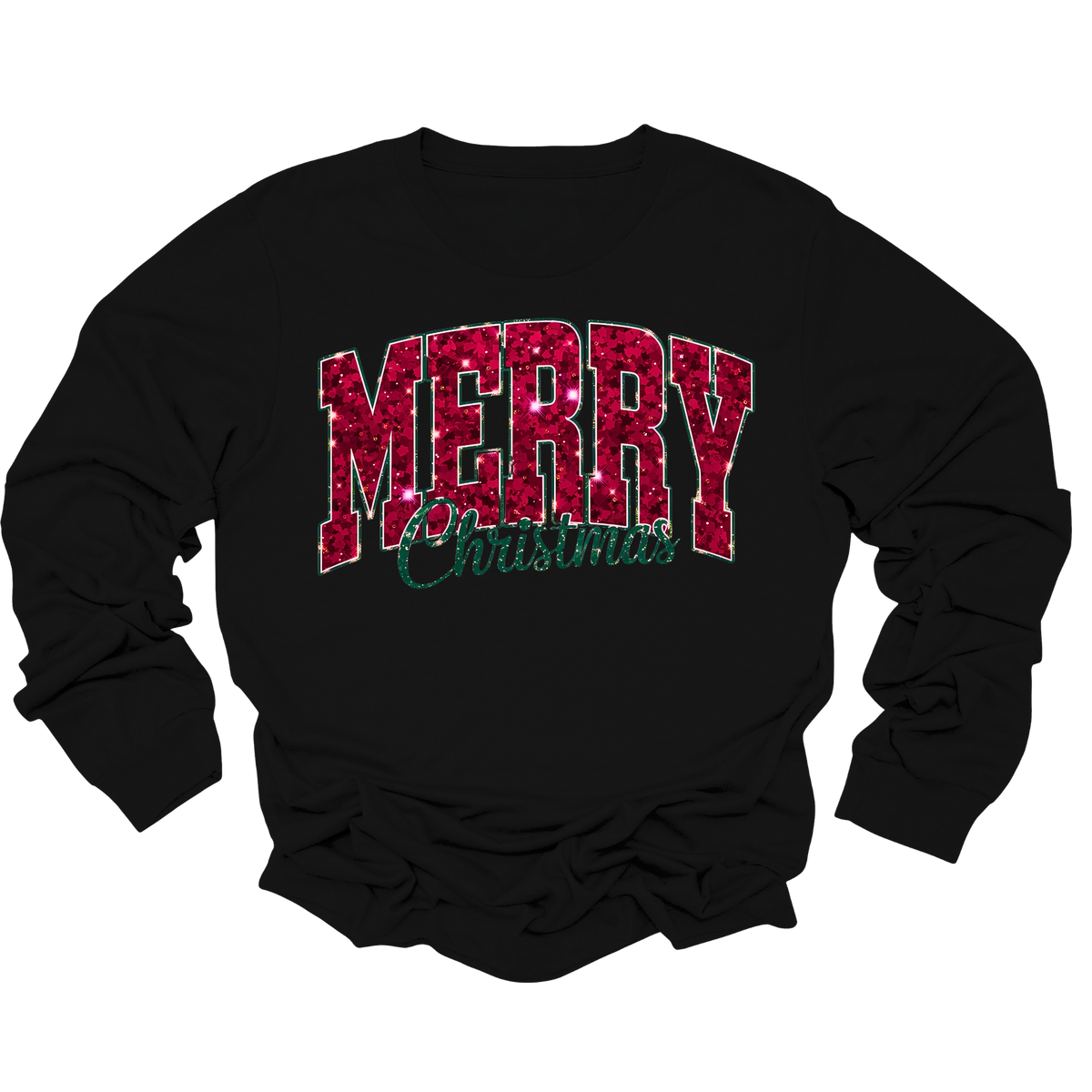 A black long-sleeve crewneck sweatshirt with 'MERRY Christmas' printed on the chest. The word 'MERRY' is in large block letters filled with a red glitter pattern, and 'Christmas' is written underneath in a green cursive font.