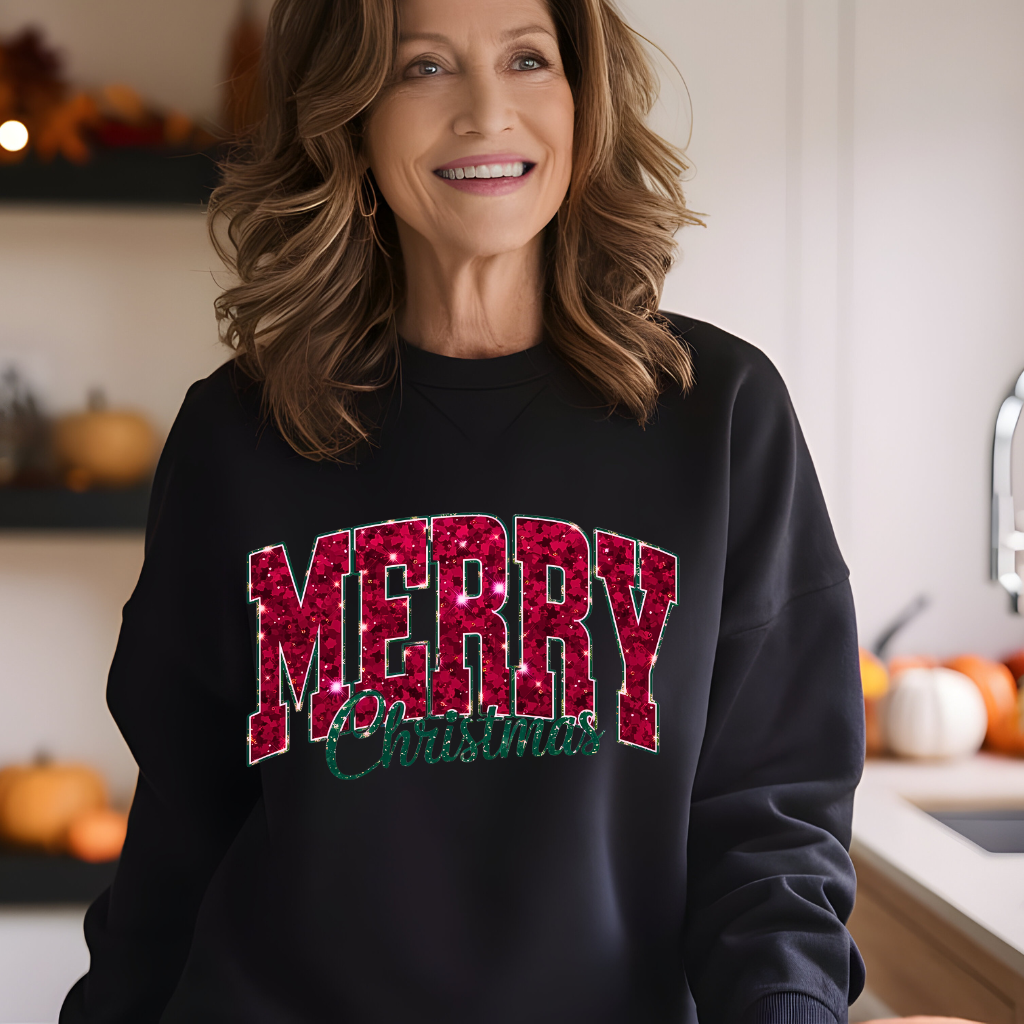 Merry Christmas Sweater: Faux Glitter Crewneck Women's Cozy Sweater Merry Christmas Shirt, Faux Glitter Christmas Tee, Women's Christmas Apparel Sweater, Glittery Christmas Letters, Festive Christmas Tee, Women's Holiday Fashion, Merry Christmas Glamorous Christmas Shirt
