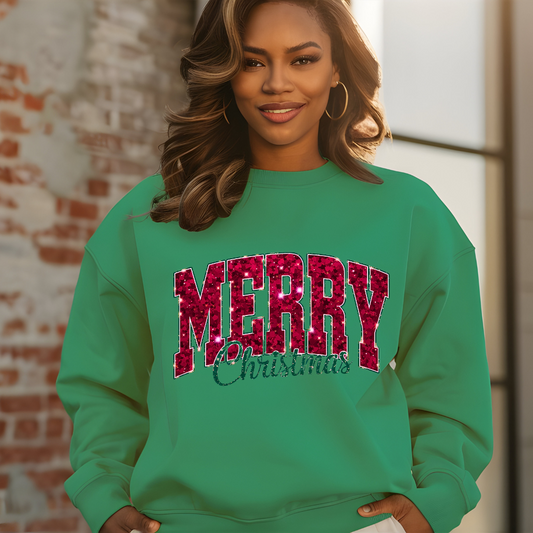 Merry Christmas Sweater: Faux Glitter Crewneck Women's Cozy Sweater Merry Christmas Shirt, Faux Glitter Christmas Tee, Women's Christmas Apparel Sweater, Glittery Christmas Letters, Festive Christmas Tee, Women's Holiday Fashion, Merry Christmas Glamorous Christmas Shirt