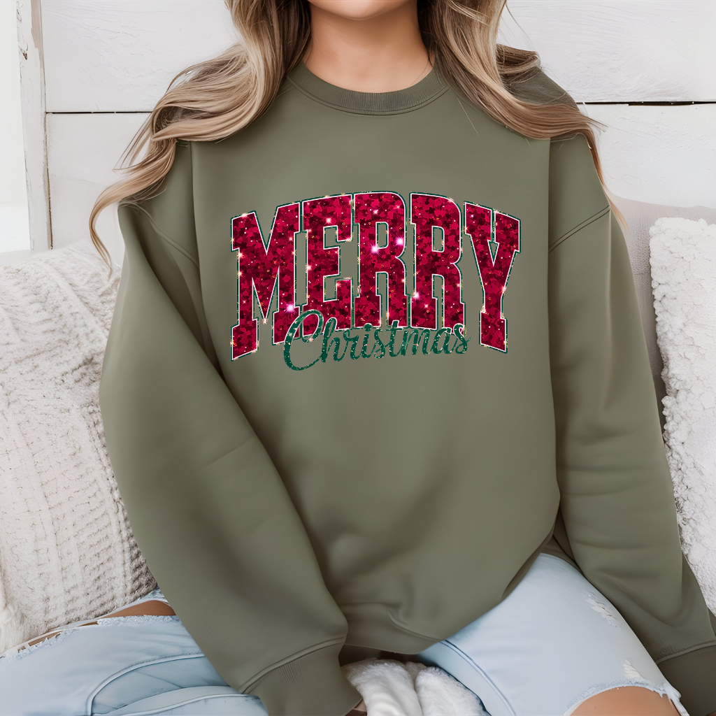 Merry Christmas Sweater: Faux Glitter Crewneck Women's Cozy Sweater Merry Christmas Shirt, Faux Glitter Christmas Tee, Women's Christmas Apparel Sweater, Glittery Christmas Letters, Festive Christmas Tee, Women's Holiday Fashion, Merry Christmas Glamorous Christmas Shirt