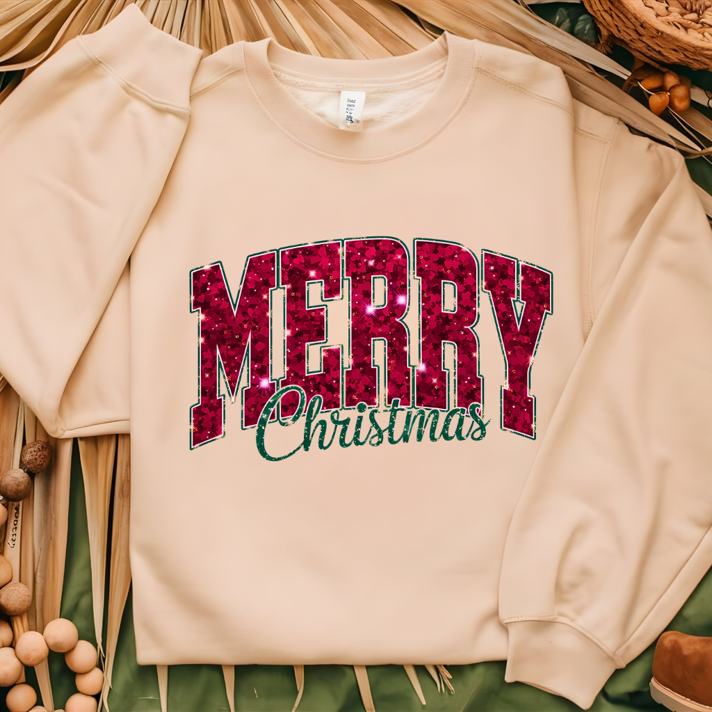 Merry Christmas Sweater: Faux Glitter Crewneck Women's Cozy Sweater Merry Christmas Shirt, Faux Glitter Christmas Tee, Women's Christmas Apparel Sweater, Glittery Christmas Letters, Festive Christmas Tee, Women's Holiday Fashion, Merry Christmas Glamorous Christmas Shirt