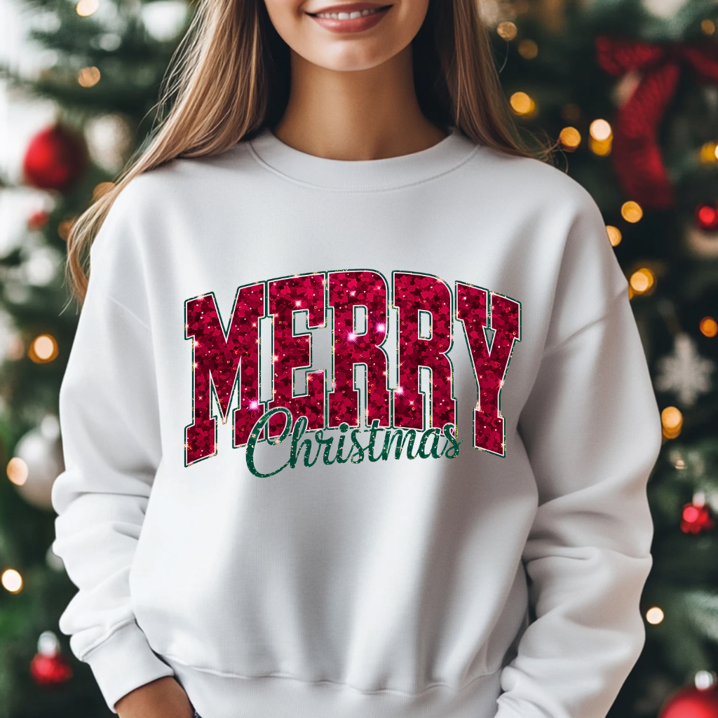 Merry Christmas Sweater: Faux Glitter Crewneck Women's Cozy Sweater Merry Christmas Shirt, Faux Glitter Christmas Tee, Women's Christmas Apparel Sweater, Glittery Christmas Letters, Festive Christmas Tee, Women's Holiday Fashion, Merry Christmas Glamorous Christmas Shirt