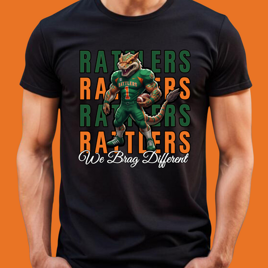 Black t-shirt with a cartoon rattler and 'Rattlers' text on an orange background Florida Football T-Shirt:  "We Brag Different" Florida Game Day Tee