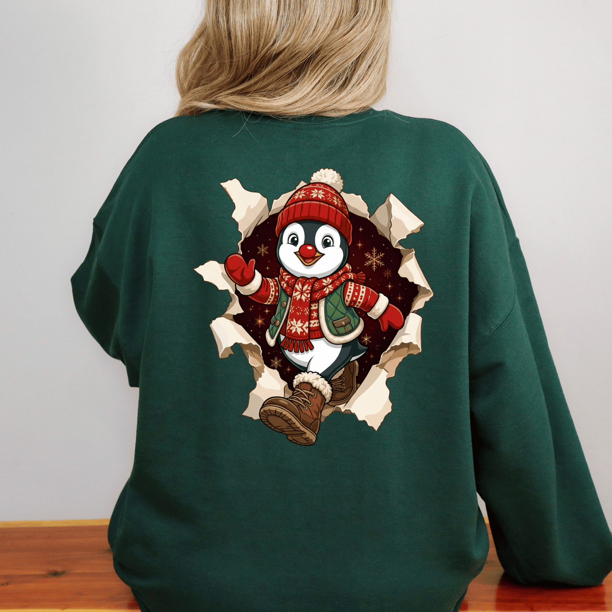 Penguin Christmas Shirt - 3D Torn Effect Holiday Tee, Crewneck, or Hoodie